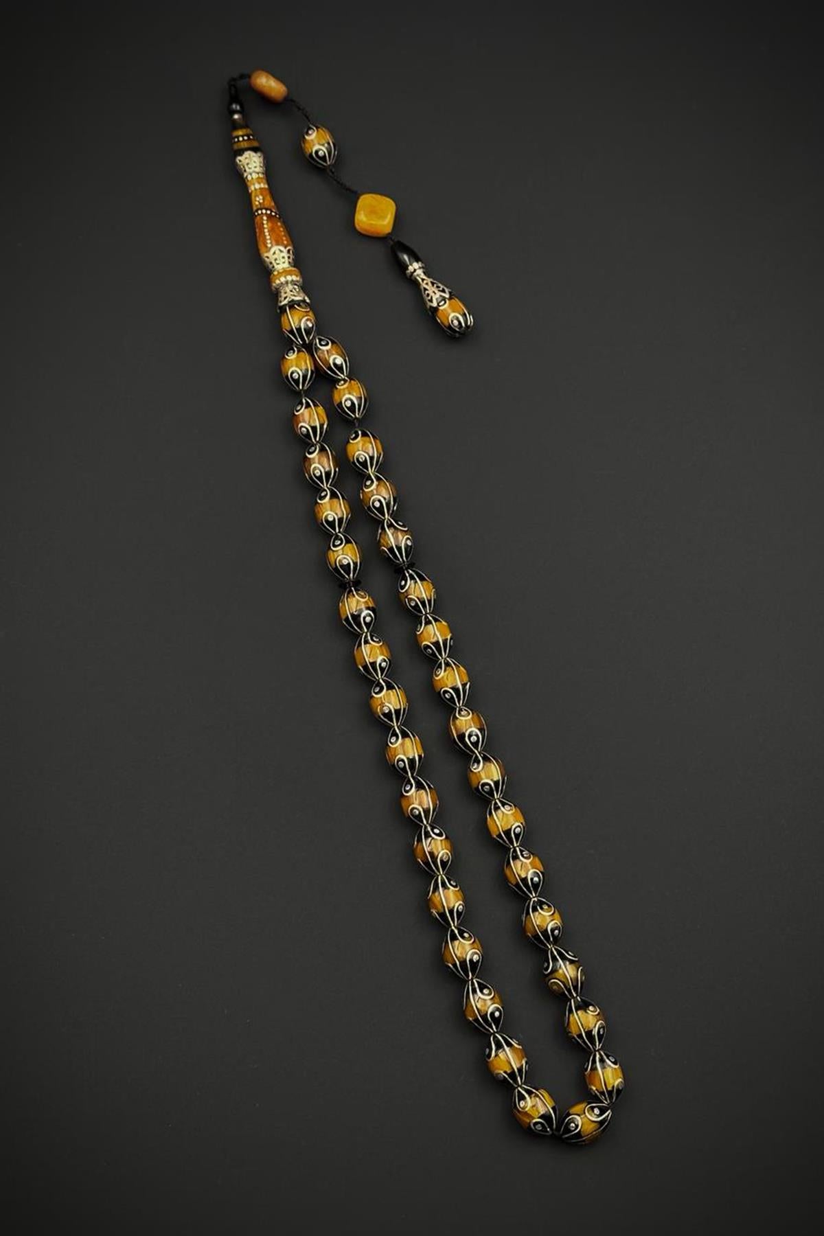 FRNCH 925 Ayar Gümüş ve Arpa Kesim Oltu Taşlı Turuncu Renk Tesbih FRJ80006-106-T