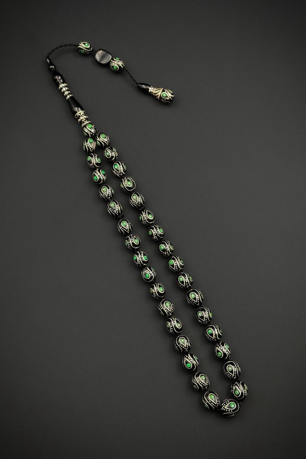 FRNCH 925 Ayar Gümüş ve Arpa Kesim Oltu Taşlı Yeşil Renk Tesbih FRJ80006-106-Y2