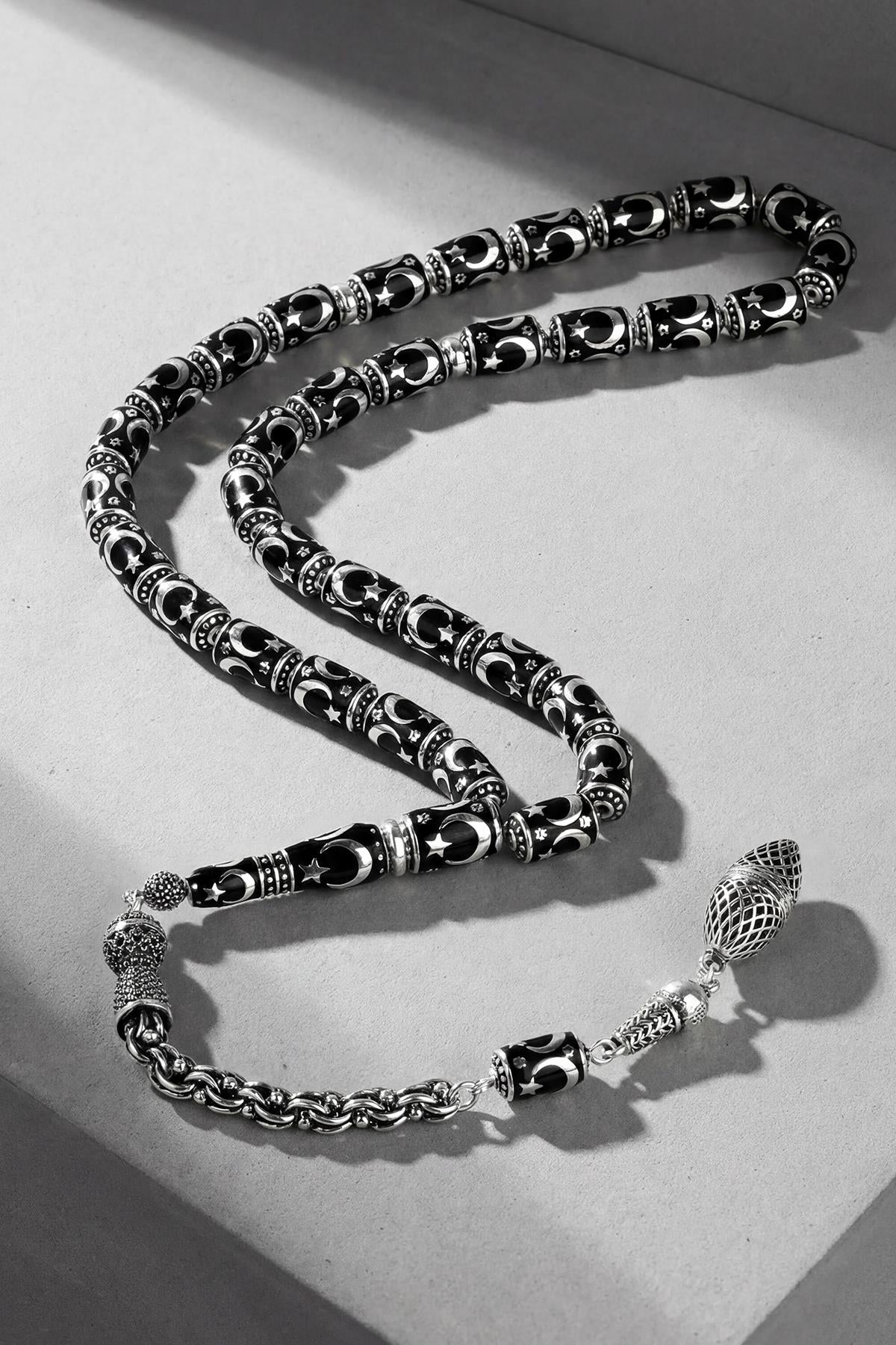 FRNCH 925 Ayar Gümüş ve Ay Yıldızlı Siyah Renk Tesbih FRJ80006-106-S