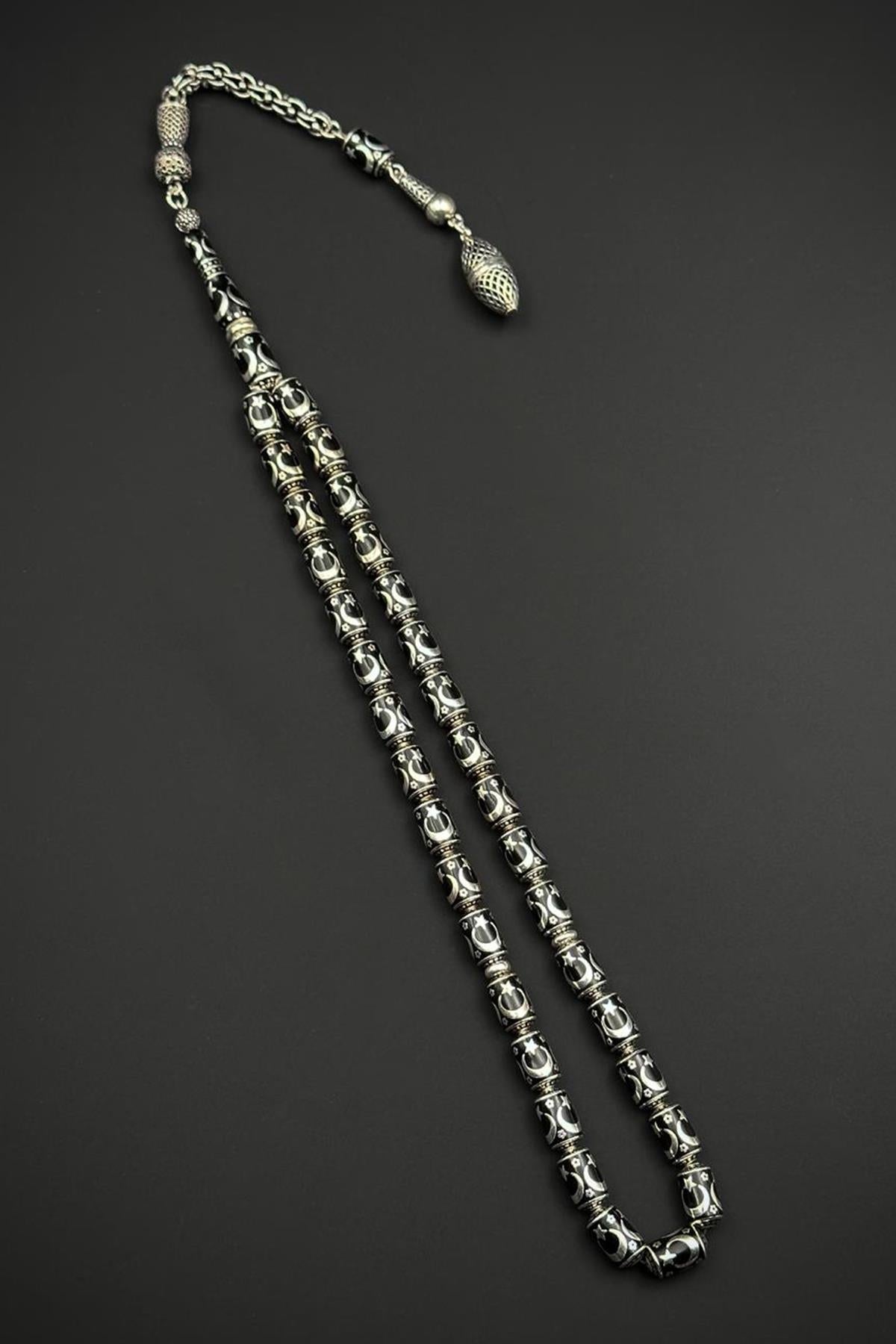 FRNCH 925 Ayar Gümüş ve Ay Yıldızlı Siyah Renk Tesbih FRJ80006-106-S