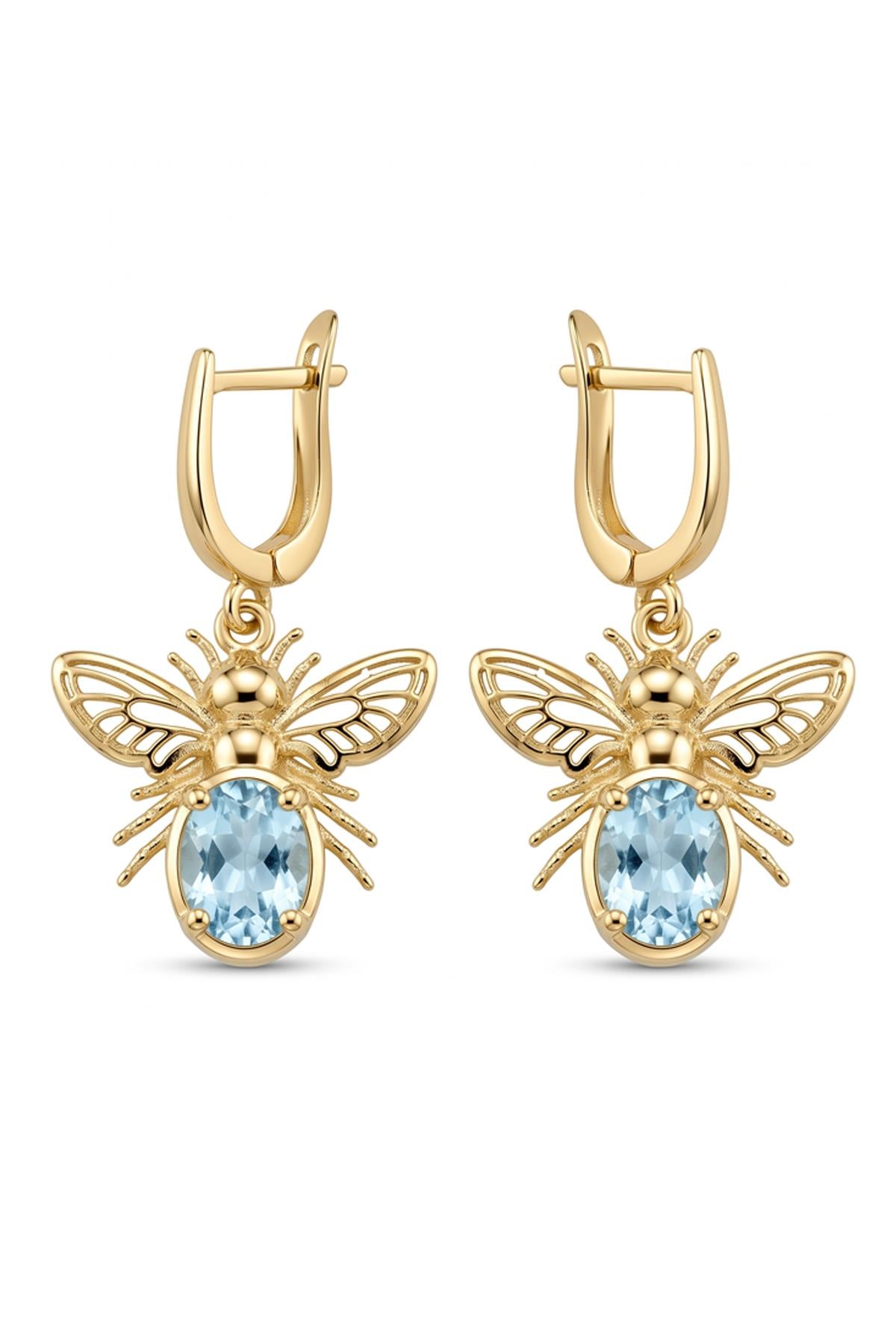 FRNCH 925 Ayar Gümüş ve Blue Topaz Taşlı Altın Renk Kadın Küpe FRJ50102-202-GM