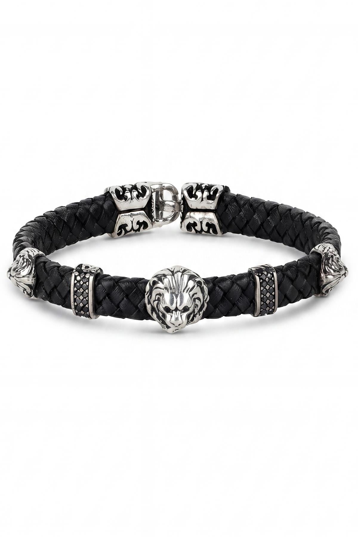 FRNCH 925 Ayar Gümüş ve Derili Aslan Figürlü Siyah Renk Erkek Bileklik FRJ12929-3929-B2