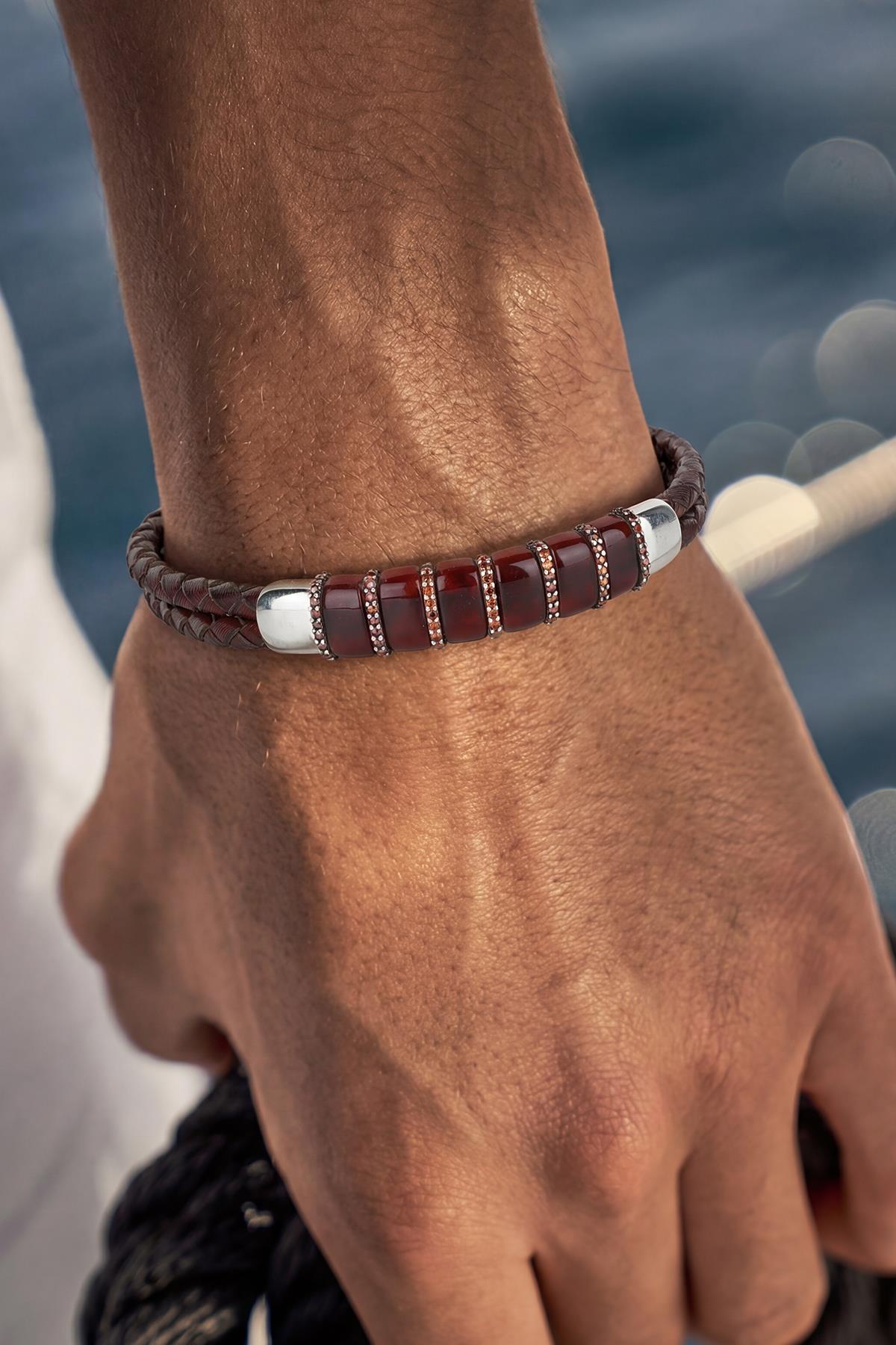 FRNCH 925 Ayar Gümüş ve Derili Kahverengi Zirkon Taşlı Kahverengi Erkek Bileklik FRJ12926-3926-K