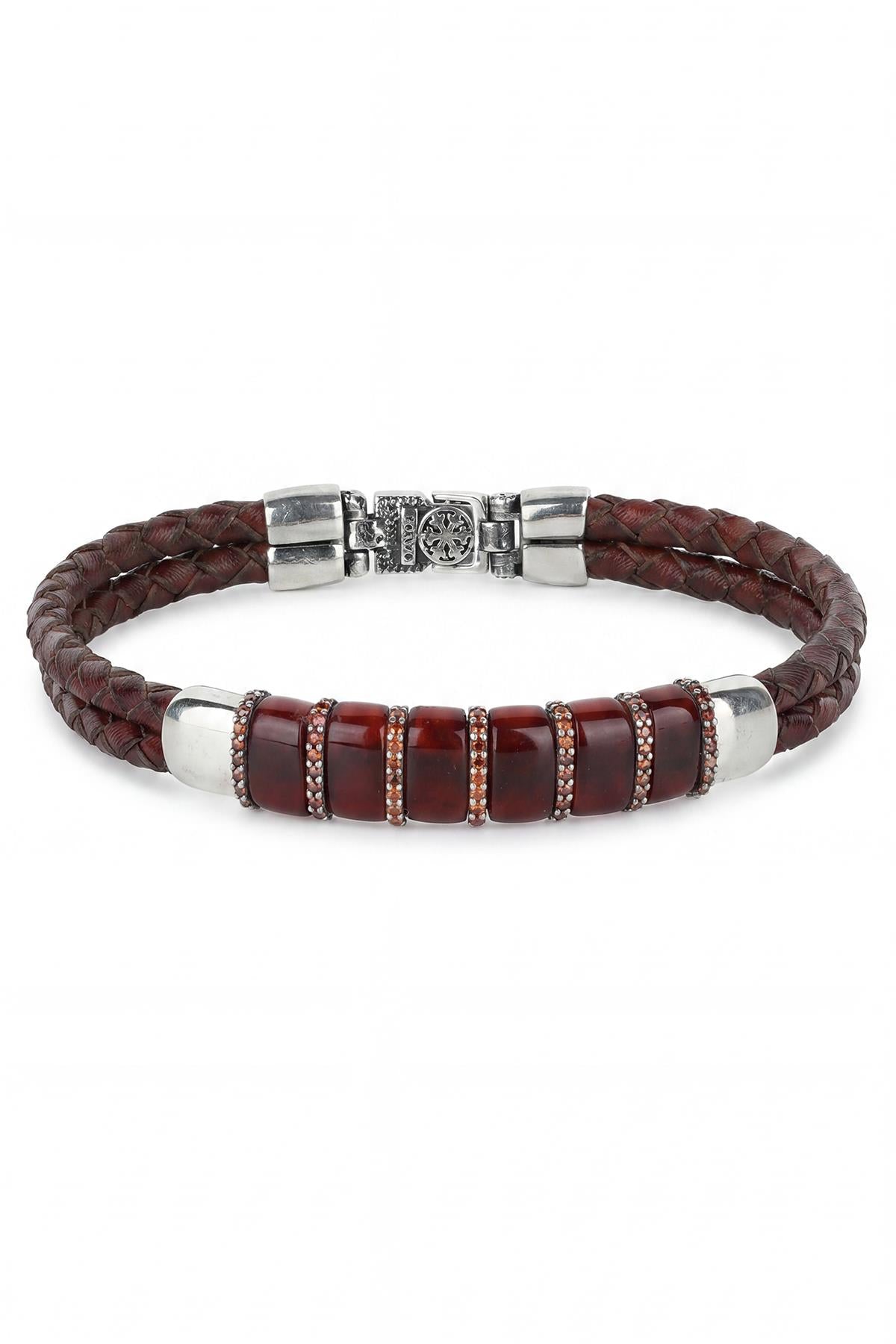 FRNCH 925 Ayar Gümüş ve Derili Kahverengi Zirkon Taşlı Kahverengi Erkek Bileklik FRJ12926-3926-K