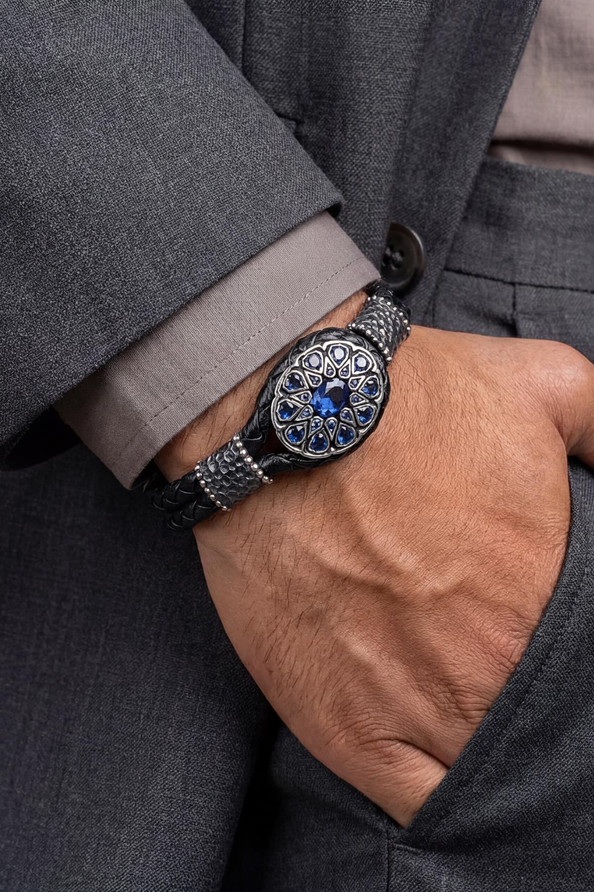 FRNCH 925 Ayar Gümüş ve Derili Lacivert Zirkon Taşlı Siyah Renk Erkek Bileklik FRJ12914-3914-L