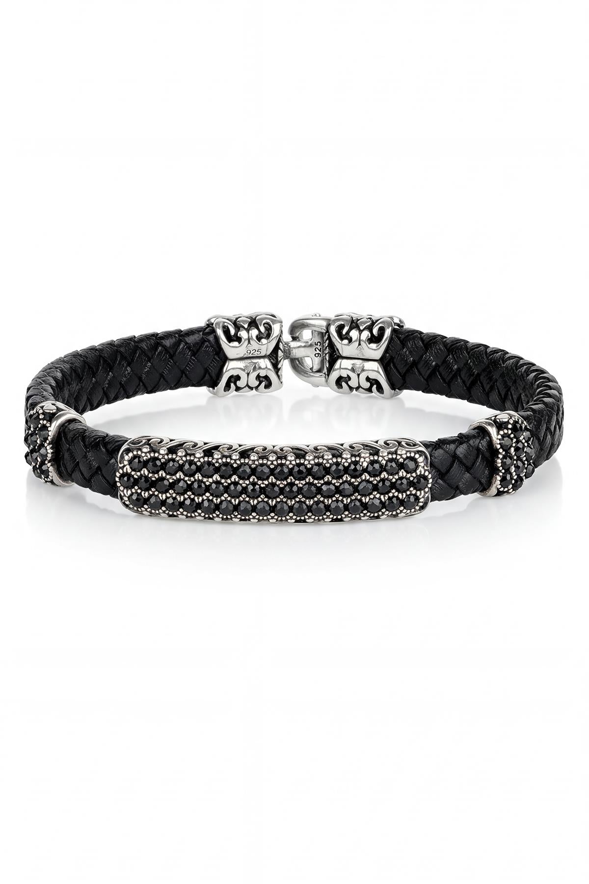 FRNCH 925 Ayar Gümüş ve Derili Siyah Zirkon Taşlı Siyah Renk Erkek Bileklik FRJ12910-3910-S