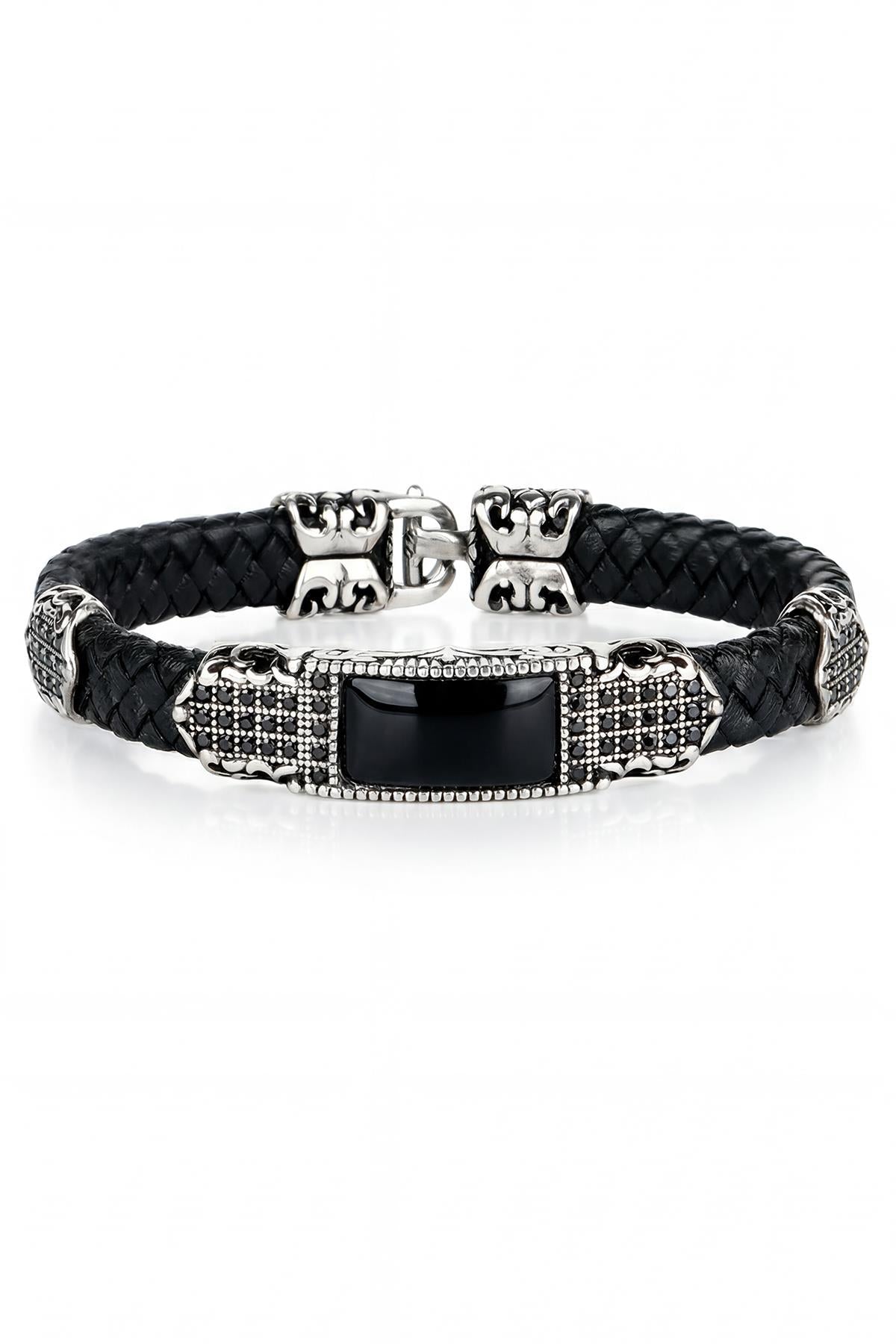 FRNCH 925 Ayar Gümüş ve Derili Siyah Zirkon Taşlı Siyah Renk Erkek Bileklik FRJ12911-3911-S