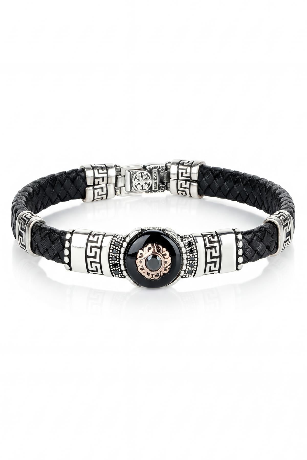 FRNCH 925 Ayar Gümüş ve Derili Siyah Zirkon Taşlı Siyah Renk Erkek Bileklik FRJ12912-3912-S