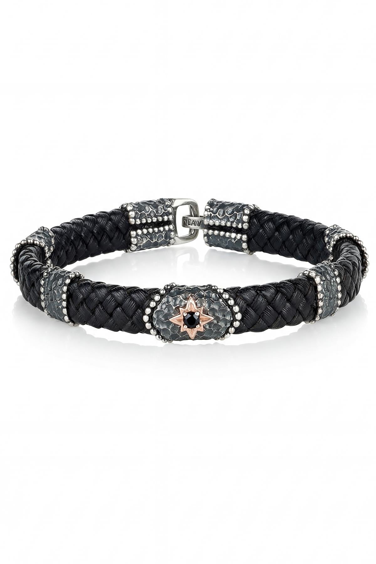 FRNCH 925 Ayar Gümüş ve Derili Siyah Zirkon Taşlı Siyah Renk Erkek Bileklik FRJ12913-3913-S