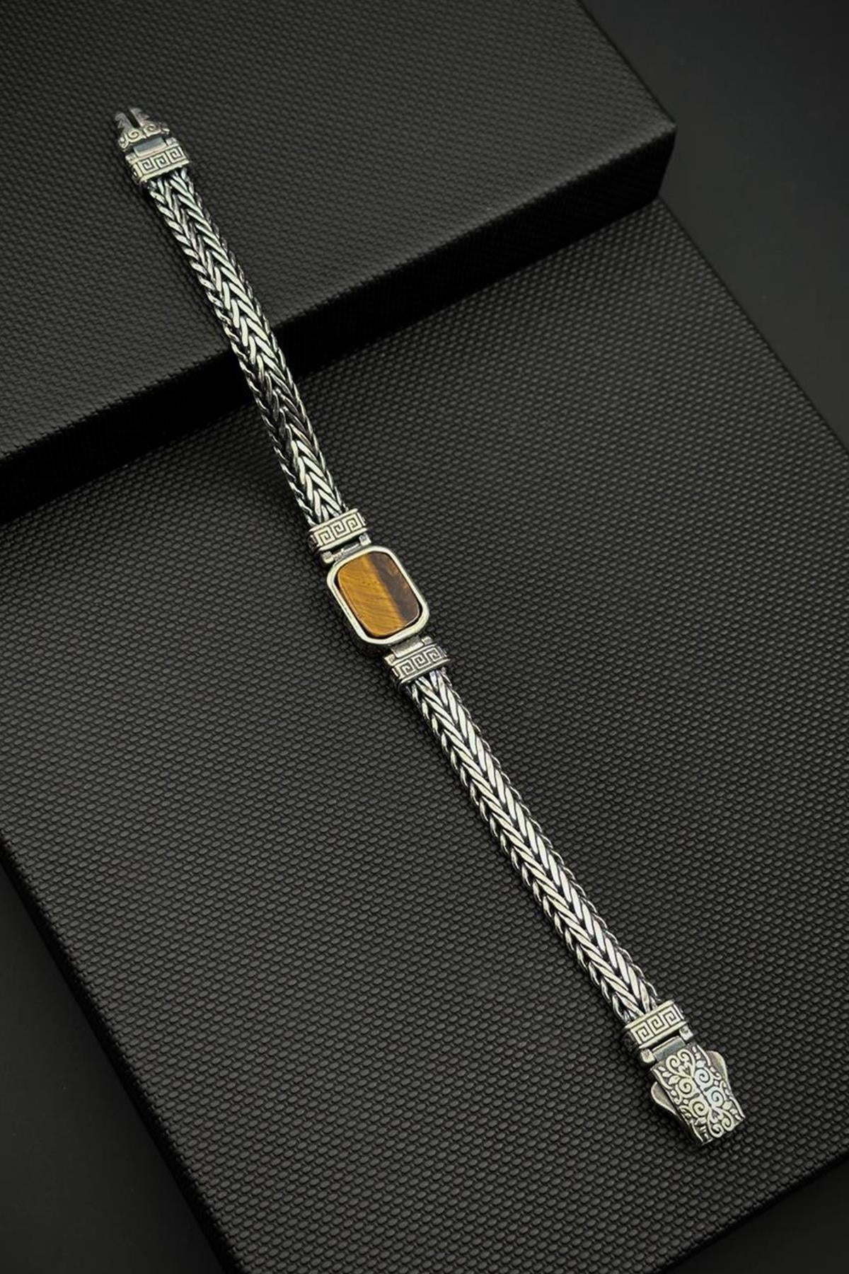 FRNCH 925 Ayar Gümüş ve Kaplan Gözü Doğal Taşlı Kahverengi Erkek Bileklik FRJ12890-3890-K2