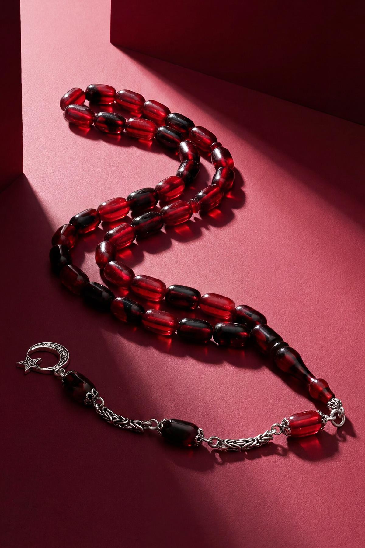 FRNCH 925 Ayar Gümüş ve Kapsül Kesim Ateş Kehribar Kırmızı Renk Tesbih FRJ80006-106-K2