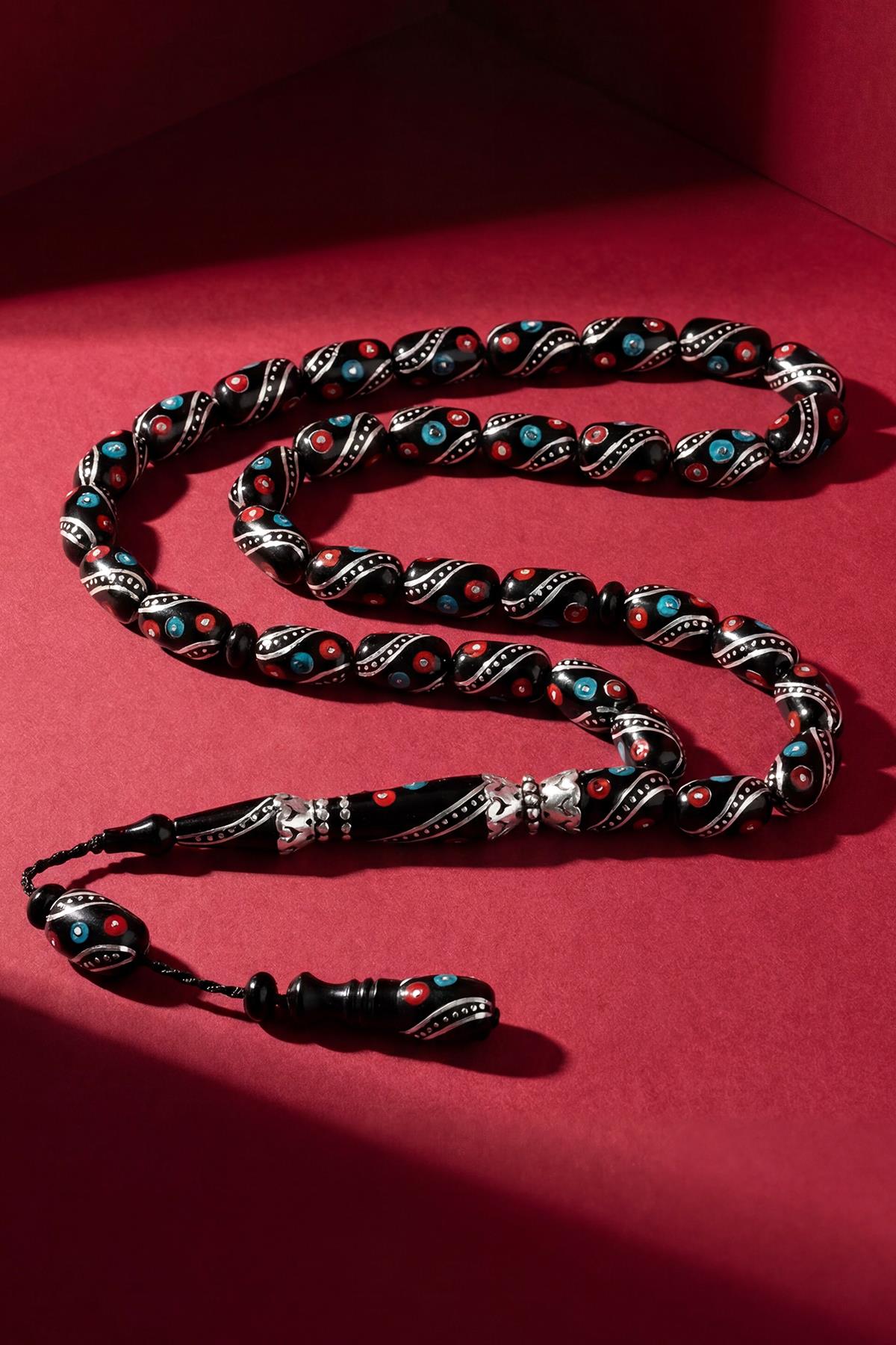 FRNCH 925 Ayar Gümüş ve Kapsül Kesim Oltu Taşlı Kırmızı-Mavi Renk Tesbih FRJ80006-106-K