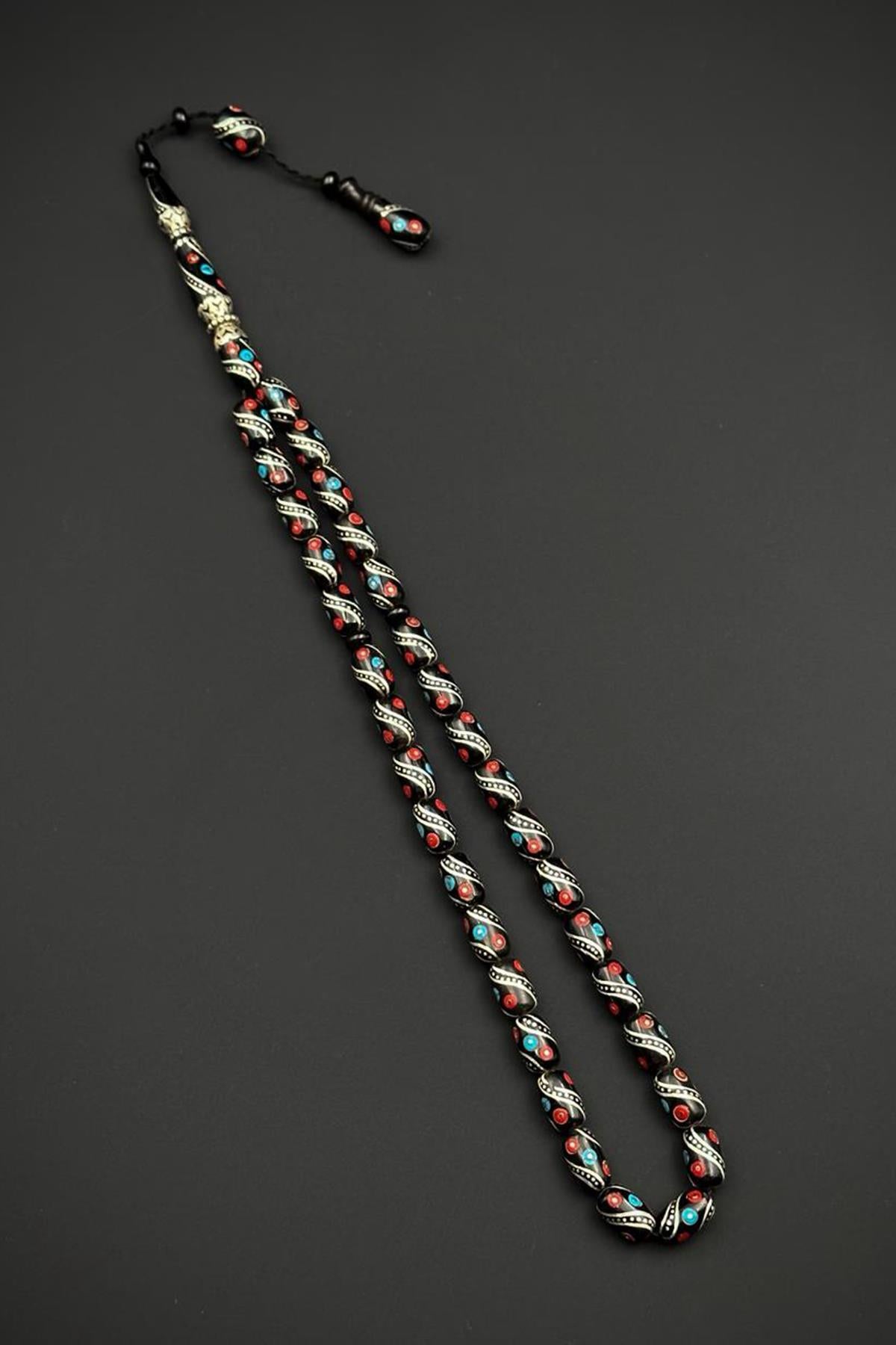 FRNCH 925 Ayar Gümüş ve Kapsül Kesim Oltu Taşlı Kırmızı-Mavi Renk Tesbih FRJ80006-106-K