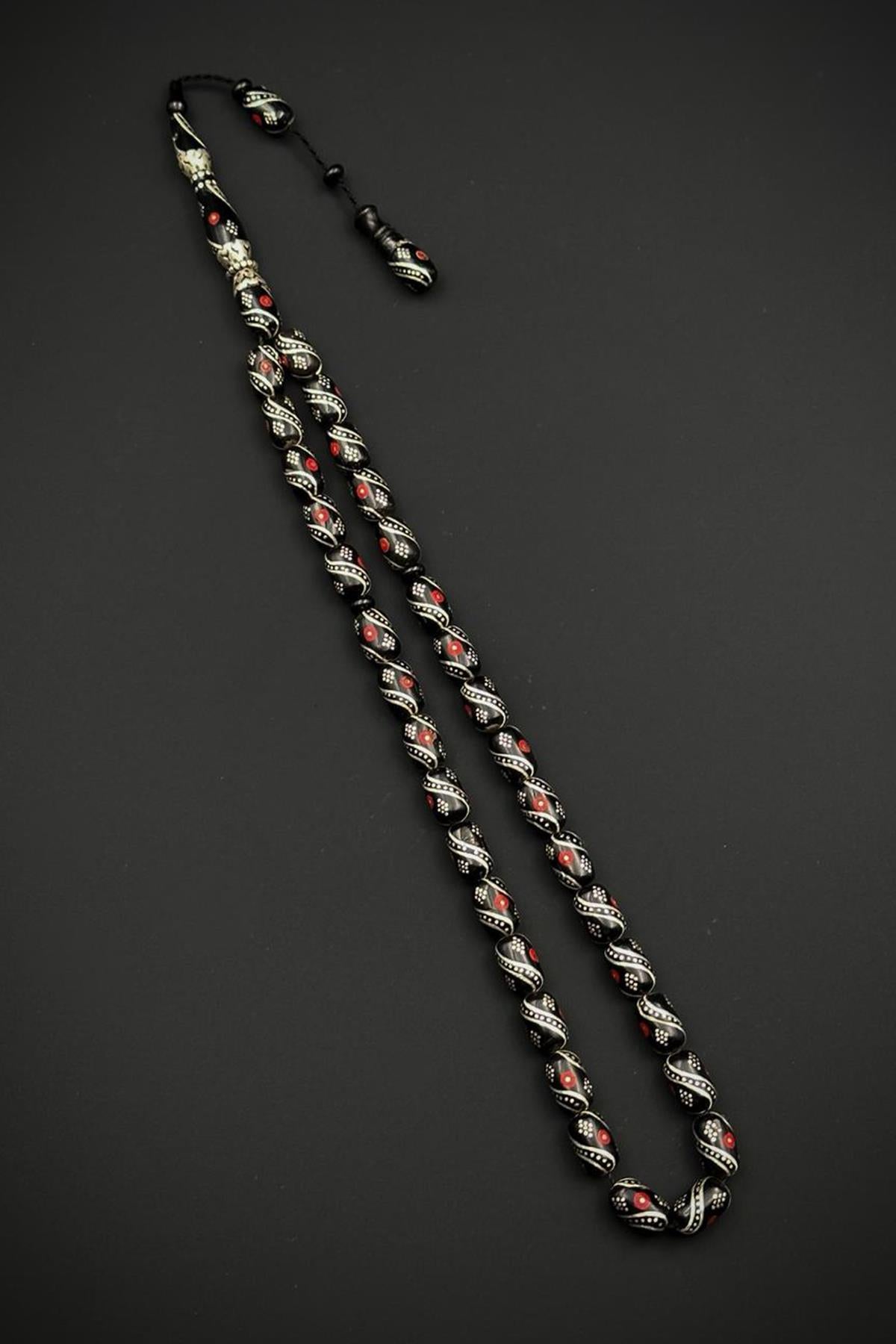 FRNCH 925 Ayar Gümüş ve Kapsül Kesim Oltu Taşlı Kırmızı Renk Tesbih FRJ80006-106-K3