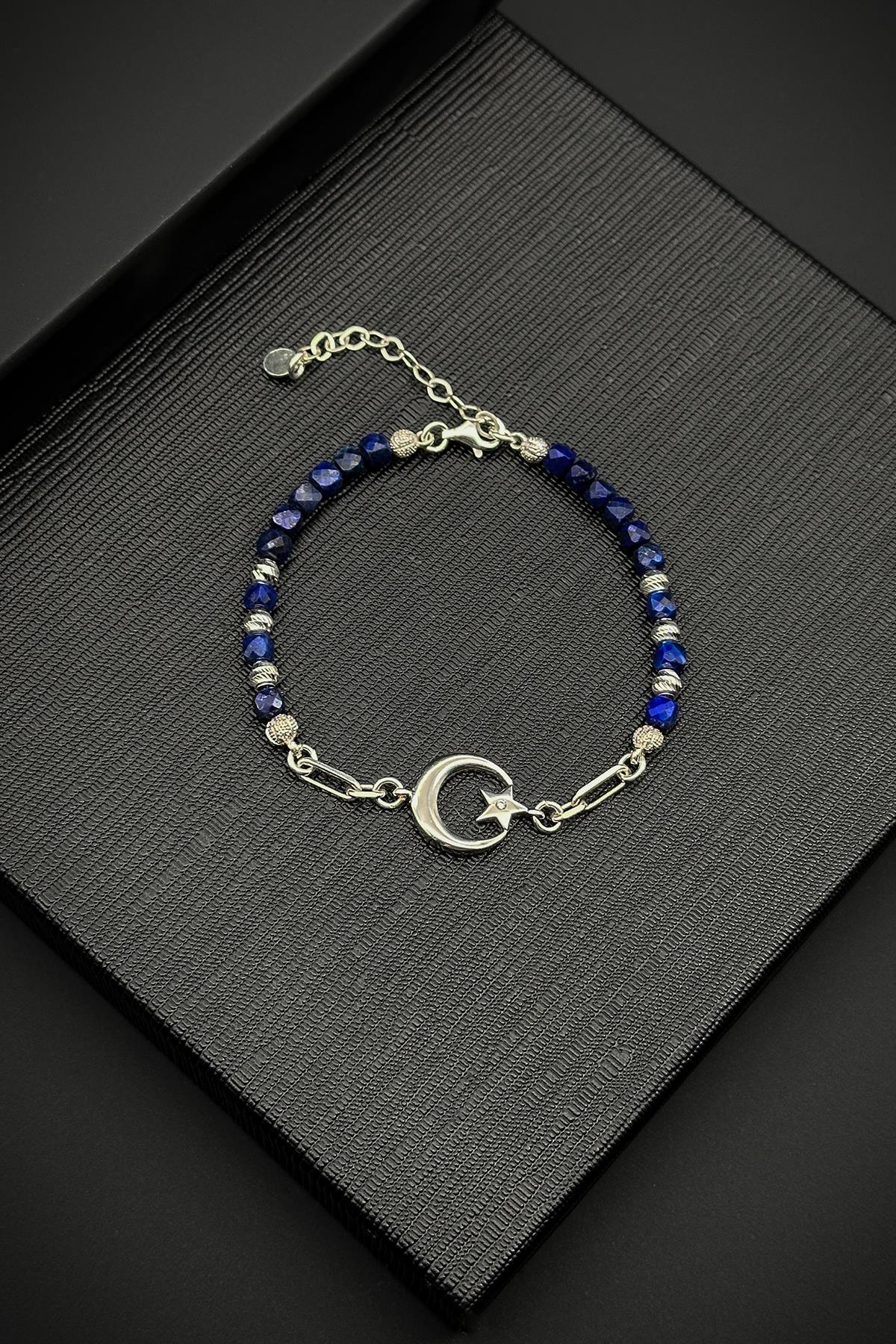 FRNCH 925 Ayar Gümüş ve Lapis Lazuli Doğal Taşlı Ay-Yıldız Model Lacivert Erkek Bileklik FRJ12098-3098-L