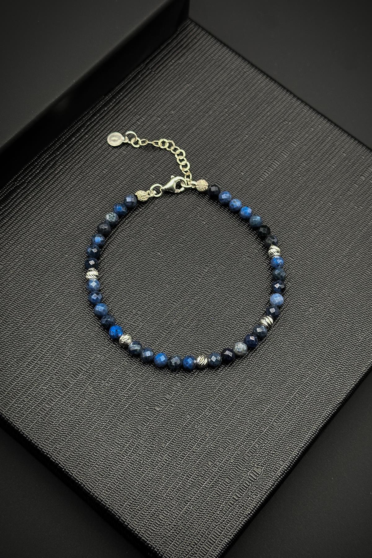 FRNCH 925 Ayar Gümüş ve Lapis Lazuli Doğal Taşlı Lacivert Renk Erkek Bileklik FRJ12053-3053-L2