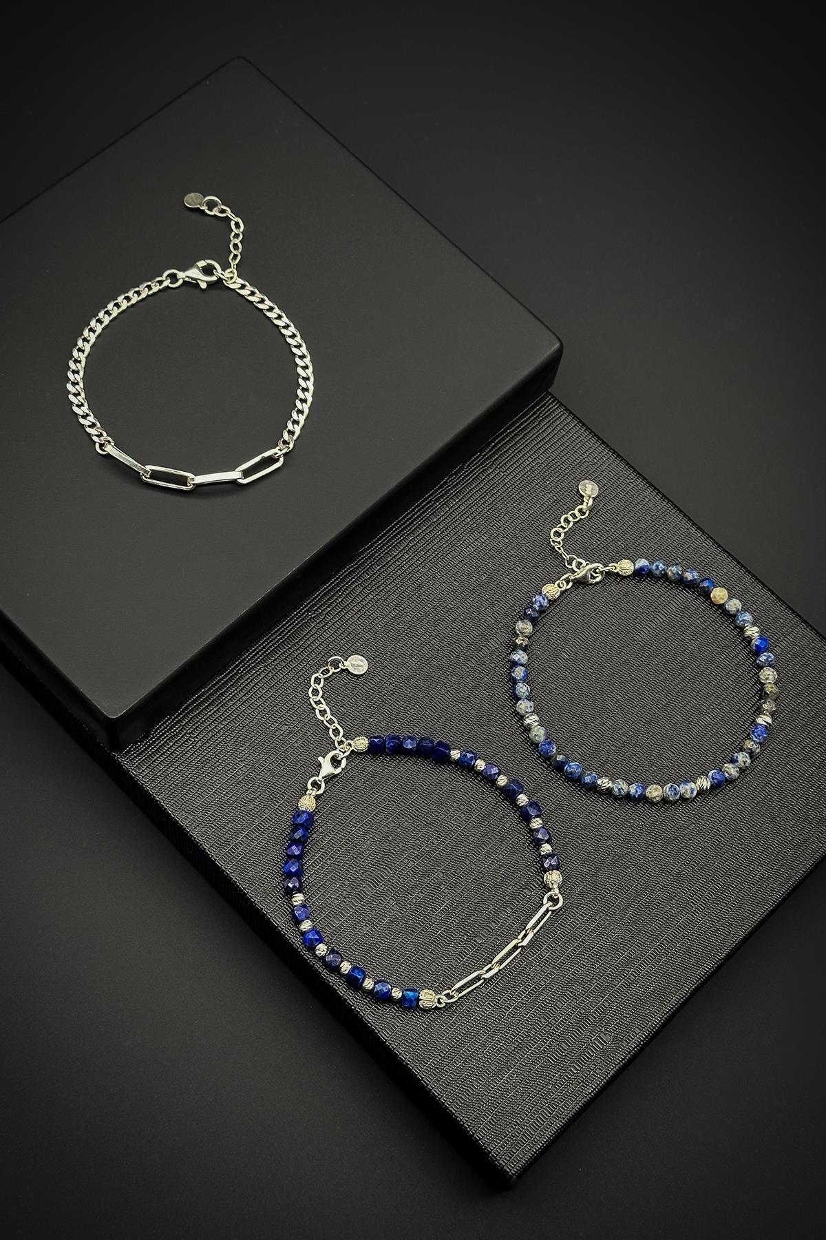 FRNCH 925 Ayar Gümüş ve Lapis Lazuli Doğal Taşlı Lacivert Renk Erkek Bileklik Kombin FRJ40165-265-L