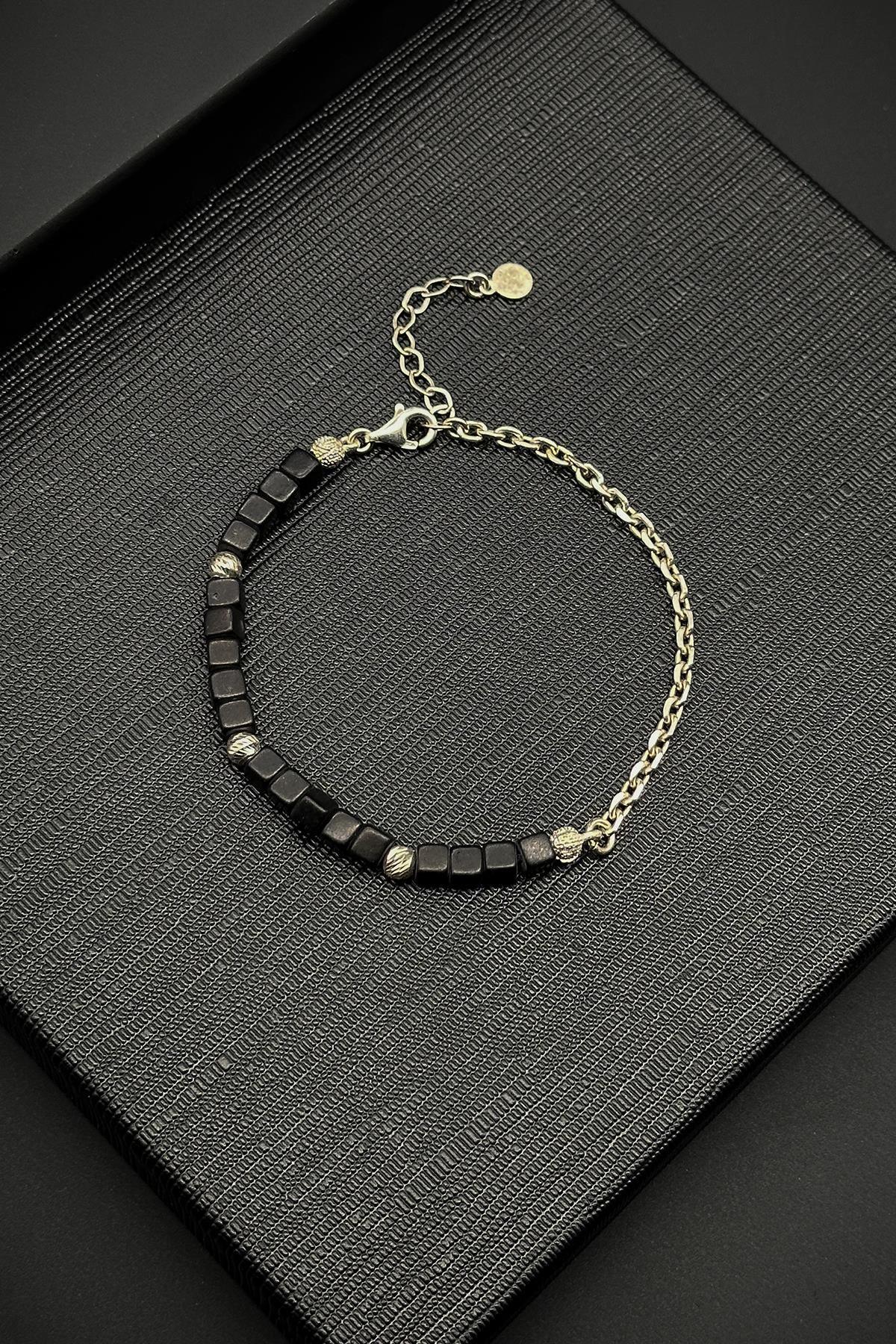 FRNCH 925 Ayar Gümüş ve Onyx Doğal Taşlı Siyah Renk Erkek Bileklik FRJ11879-1979-S3