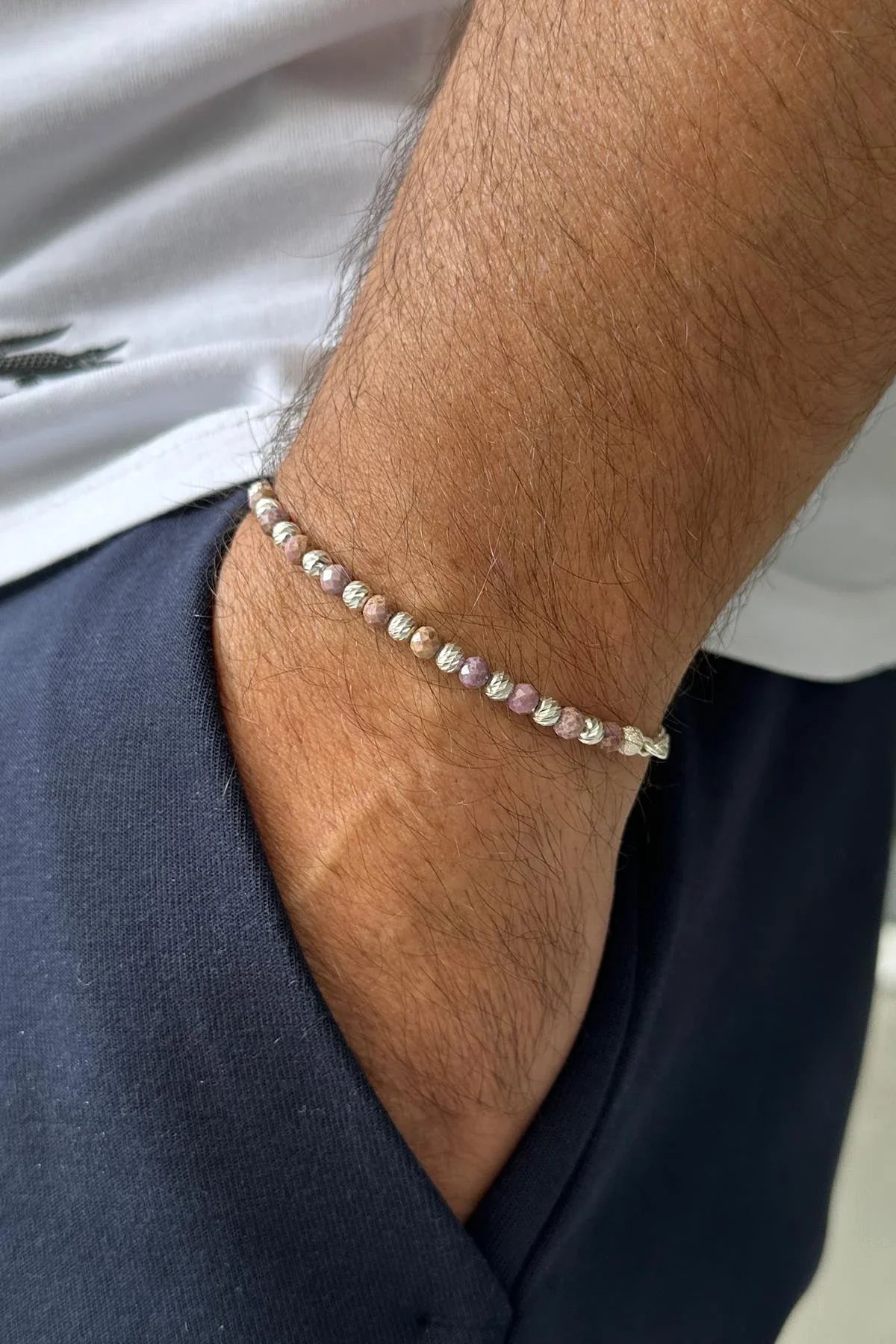 FRNCH 925 Ayar Gümüş ve Rodonit Doğal Taşlı Pembe Renk Erkek Bileklik FRJ11990-2090-P