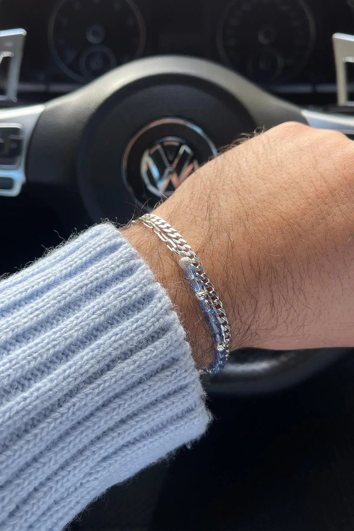FRNCH 925 Ayar Gümüş ve Swarovski Taşlı Mavi Renk Erkek Bileklik Set FRJ40179-279-M