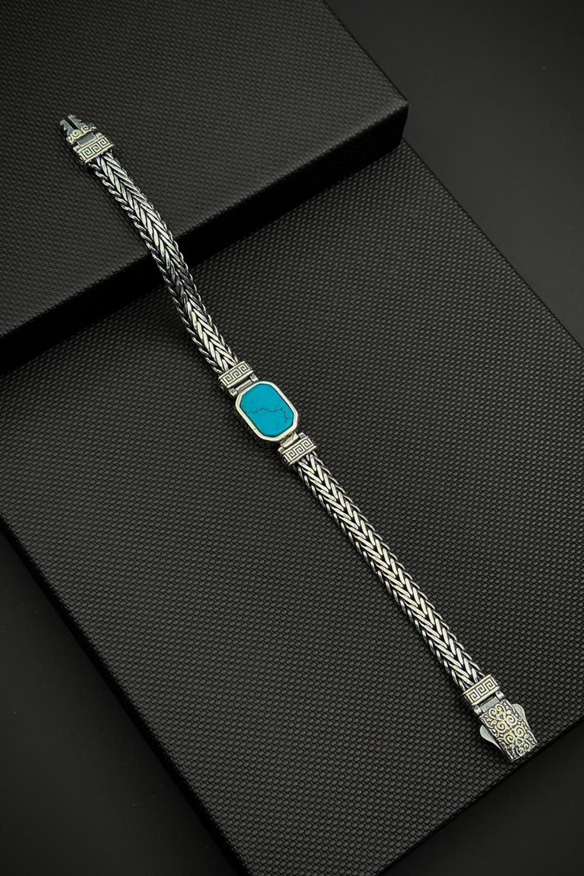 FRNCH 925 Ayar Gümüş ve Turkuaz Doğal Taşlı Turkuaz Renk Erkek Bileklik FRJ12890-3890-M