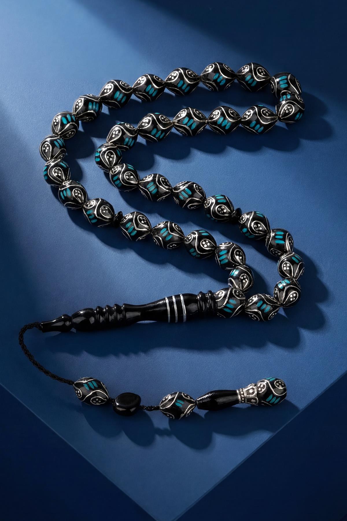 FRNCH 925 Ayar Gümüş ve Yuvarlak Kesim Oltu Taşlı Mavi Renk Tesbih FRJ80006-106-M2