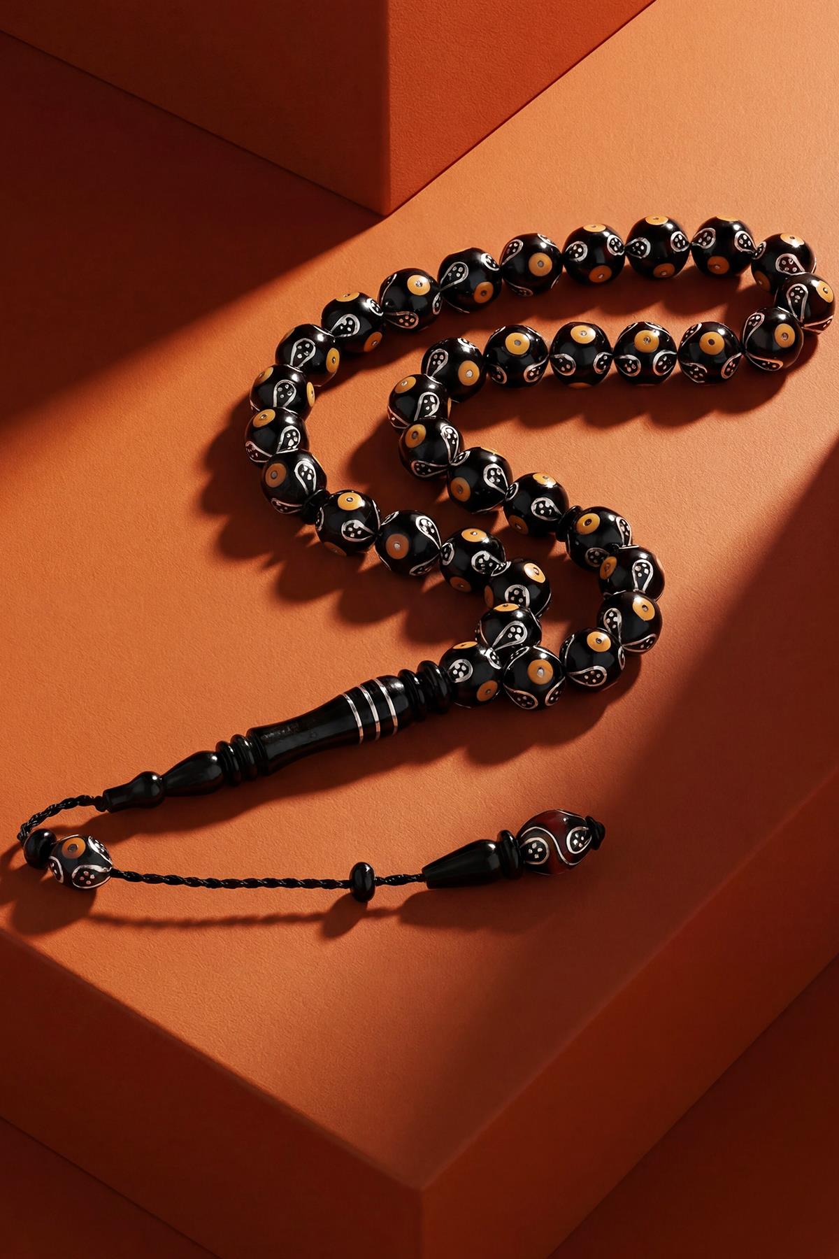 FRNCH 925 Ayar Gümüş ve Yuvarlak Kesim Oltu Taşlı Turuncu Renk Tesbih FRJ80006-106-T2