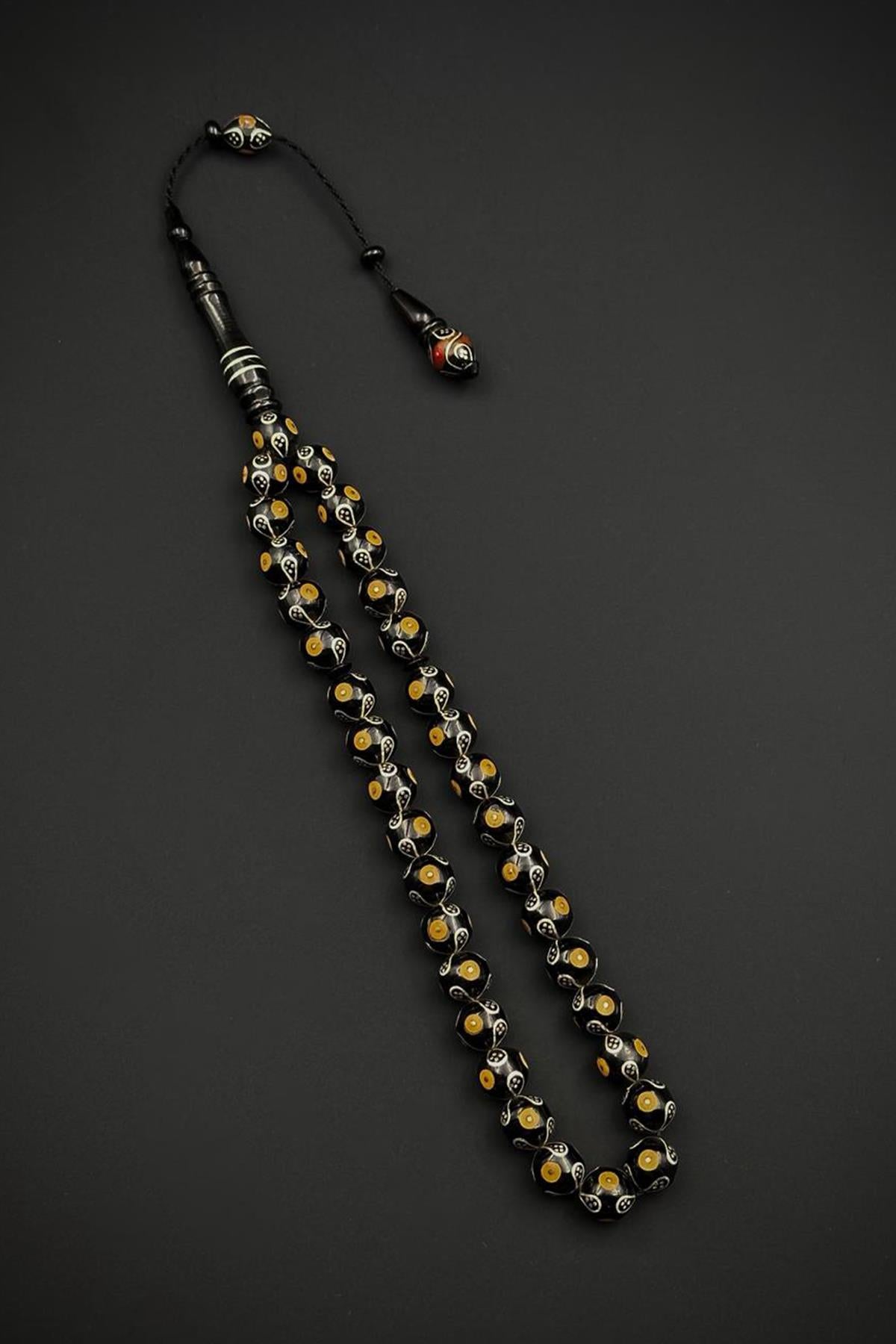 FRNCH 925 Ayar Gümüş ve Yuvarlak Kesim Oltu Taşlı Turuncu Renk Tesbih FRJ80006-106-T2