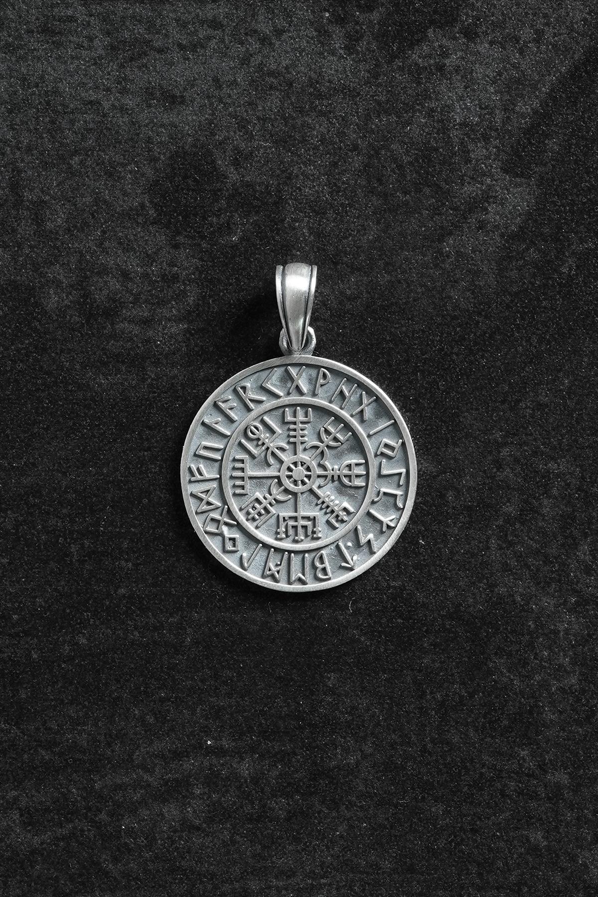 FRNCH 925 Ayar Gümüş Viking Pusulası (Vegvisir) Figürlü Gümüş Renk Erkek Kolye Ucu FRKU-1039