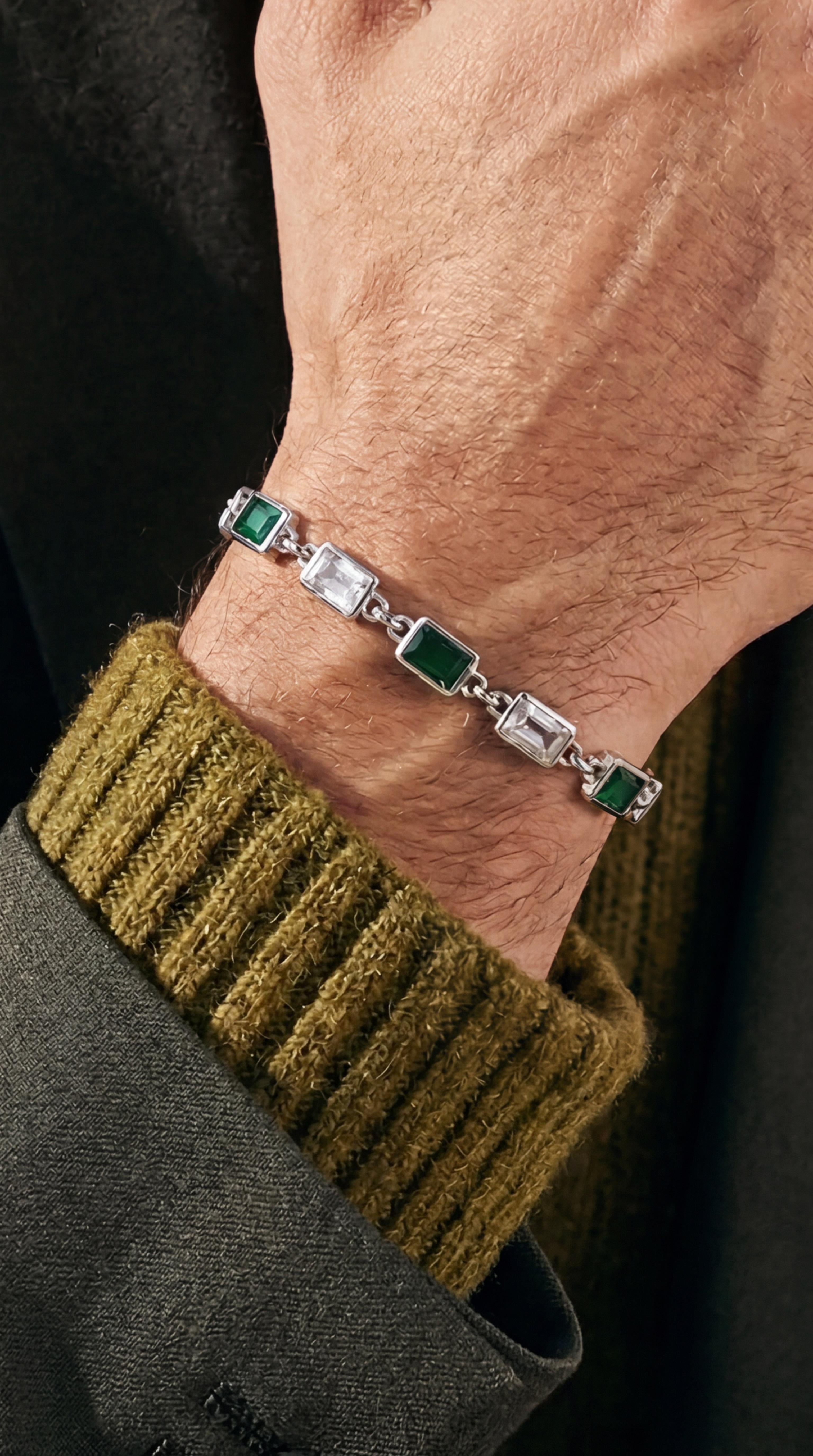 FRNCH 925 Ayar Gümüş Yeşil-Beyaz Zirkon Taşlı Gümüş Renk Erkek Bileklik FRJ12677-3677-YA