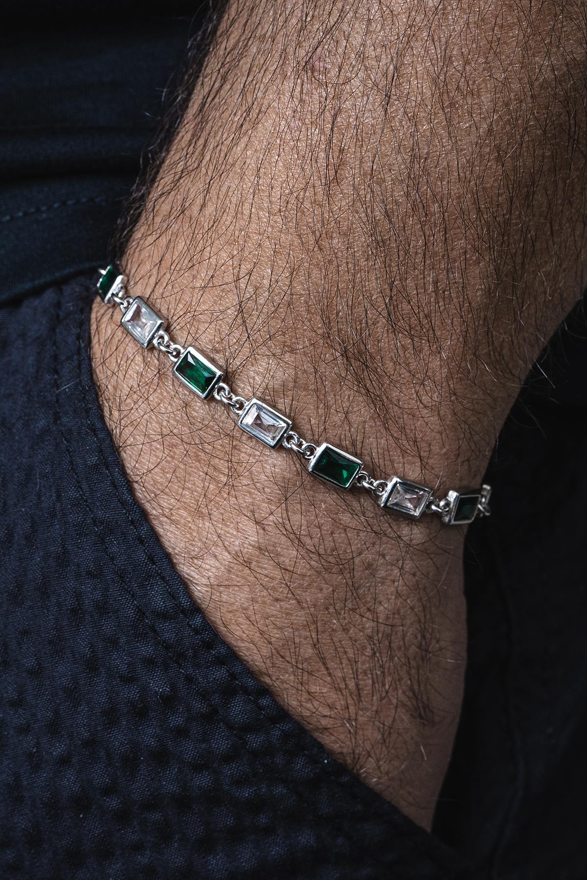 FRNCH 925 Ayar Gümüş Yeşil-Beyaz Zirkon Taşlı Gümüş Renk Erkek Bileklik FRJ12677-3677-YA