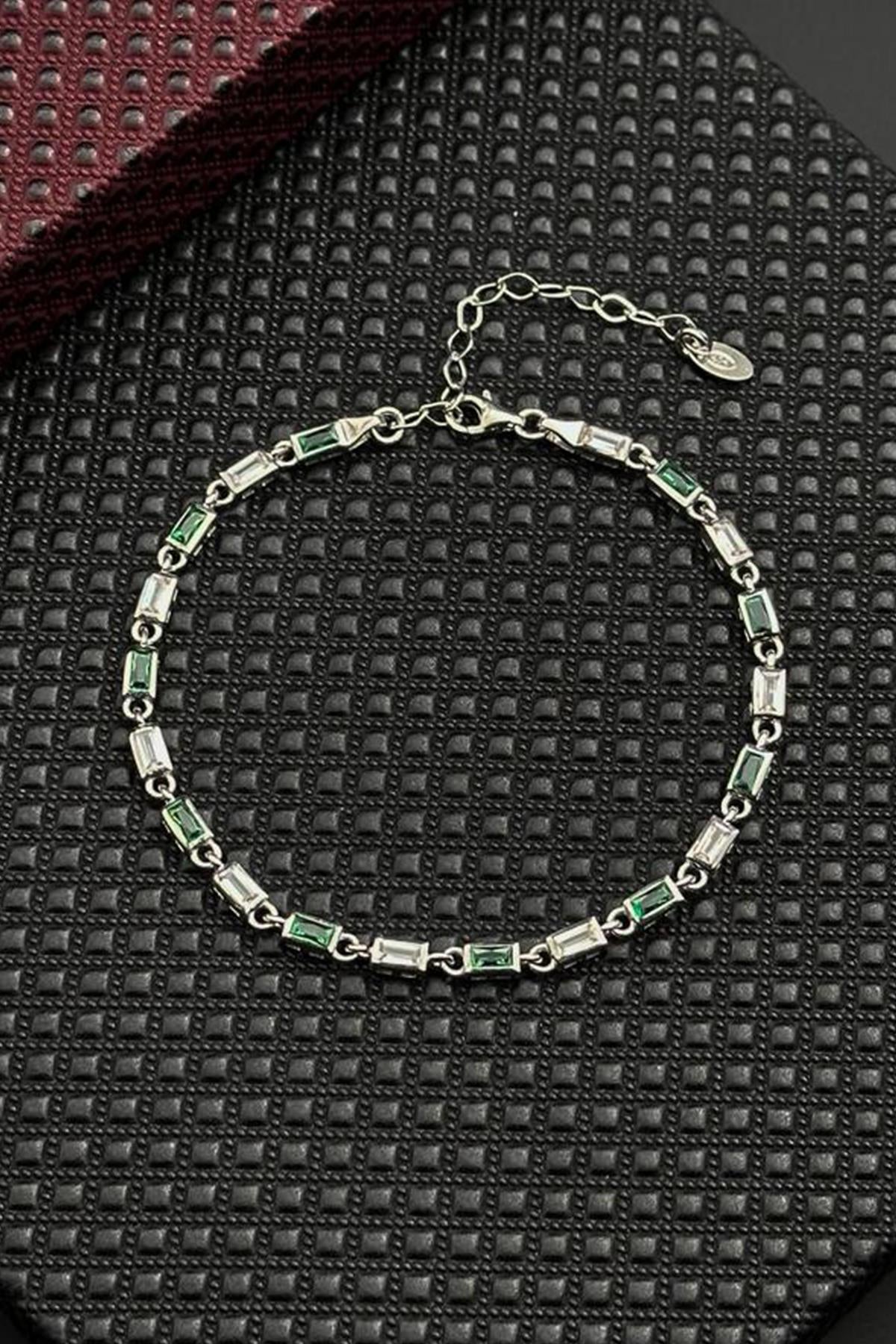 FRNCH 925 Ayar Gümüş Yeşil-Beyaz Zirkon Taşlı Gümüş Renk Erkek Bileklik FRJ12718-3718-YA