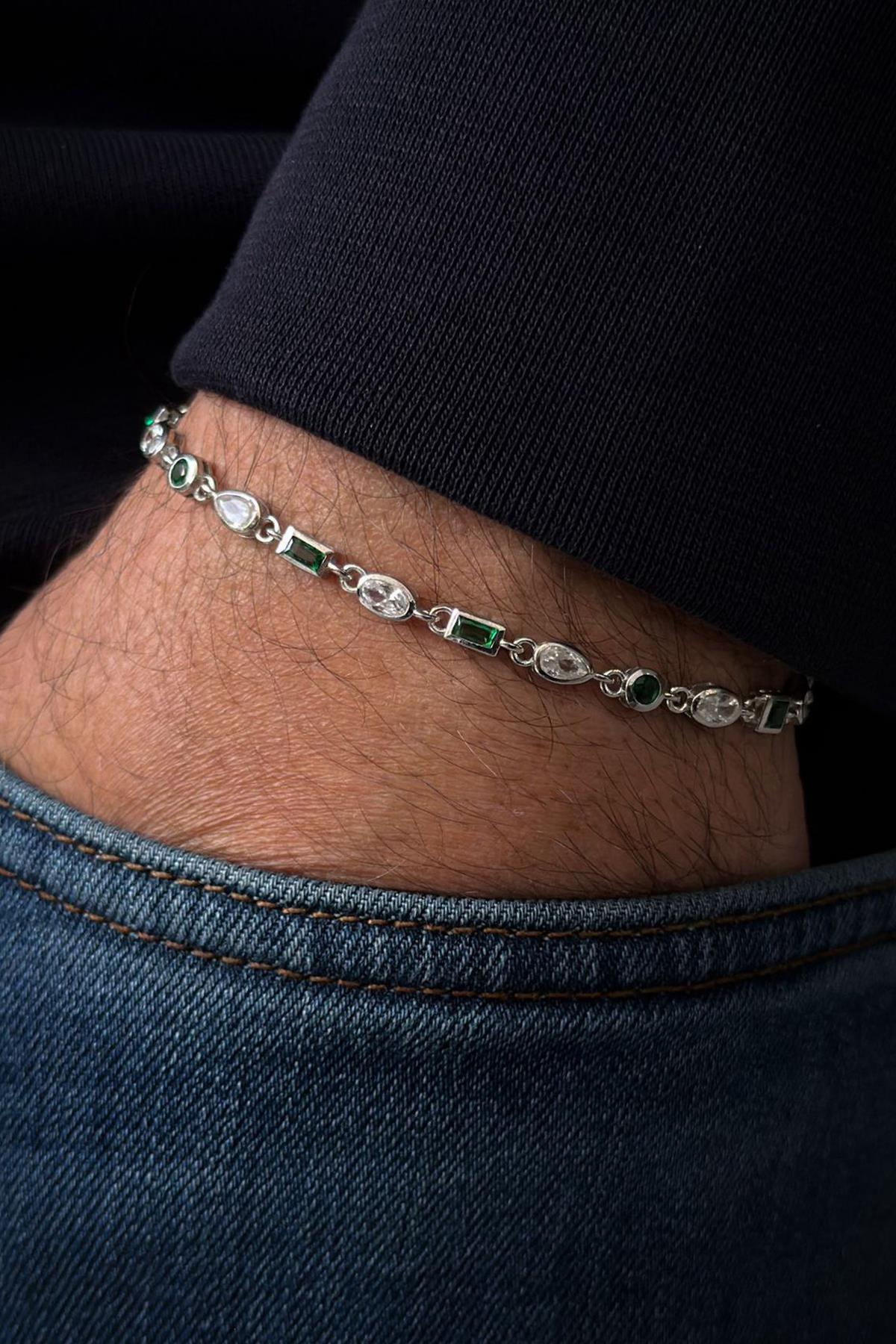 FRNCH 925 Ayar Gümüş Yeşil-Beyaz Zirkon Taşlı Gümüş Renk Erkek Bileklik FRJ12719-3719-YA