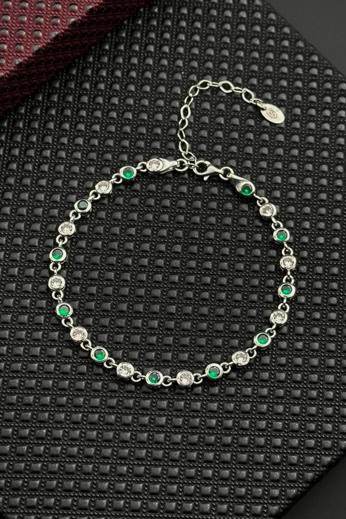 FRNCH 925 Ayar Gümüş Yeşil-Beyaz Zirkon Taşlı Gümüş Renk Erkek Bileklik FRJ12720-3720-YA