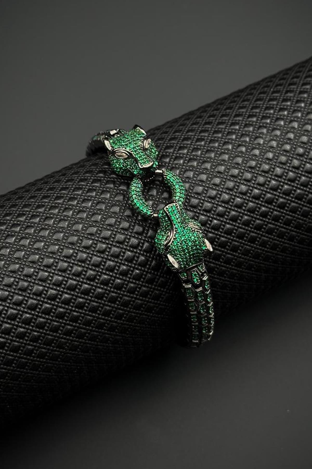 FRNCH 925 Ayar Gümüş Yeşil Zirkon Taşlı Füme Renk Erkek Bileklik FRJ12681-3681-Y