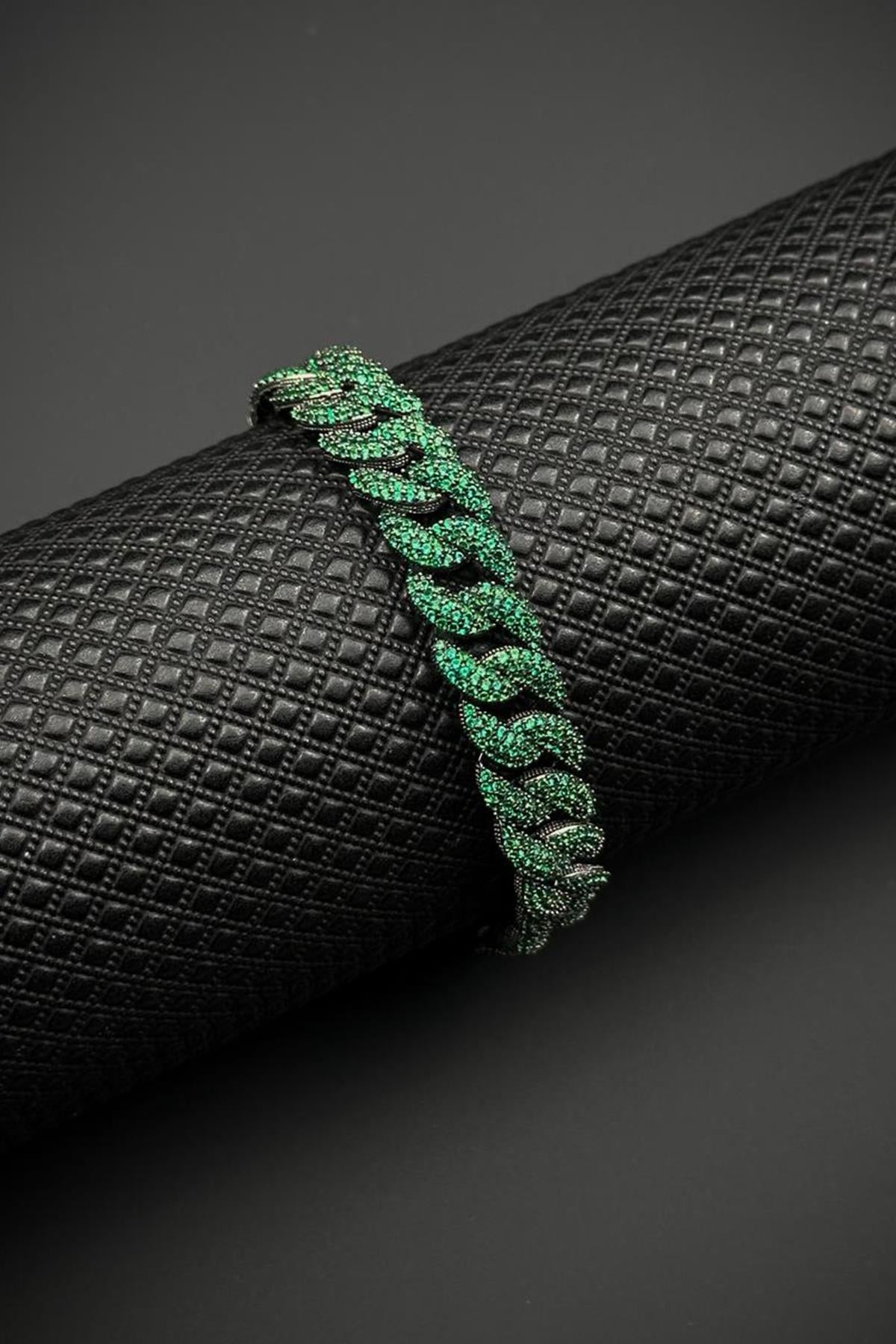 FRNCH 925 Ayar Gümüş Yeşil Zirkon Taşlı Füme Renk Erkek Bileklik FRJ12682-3682-Y