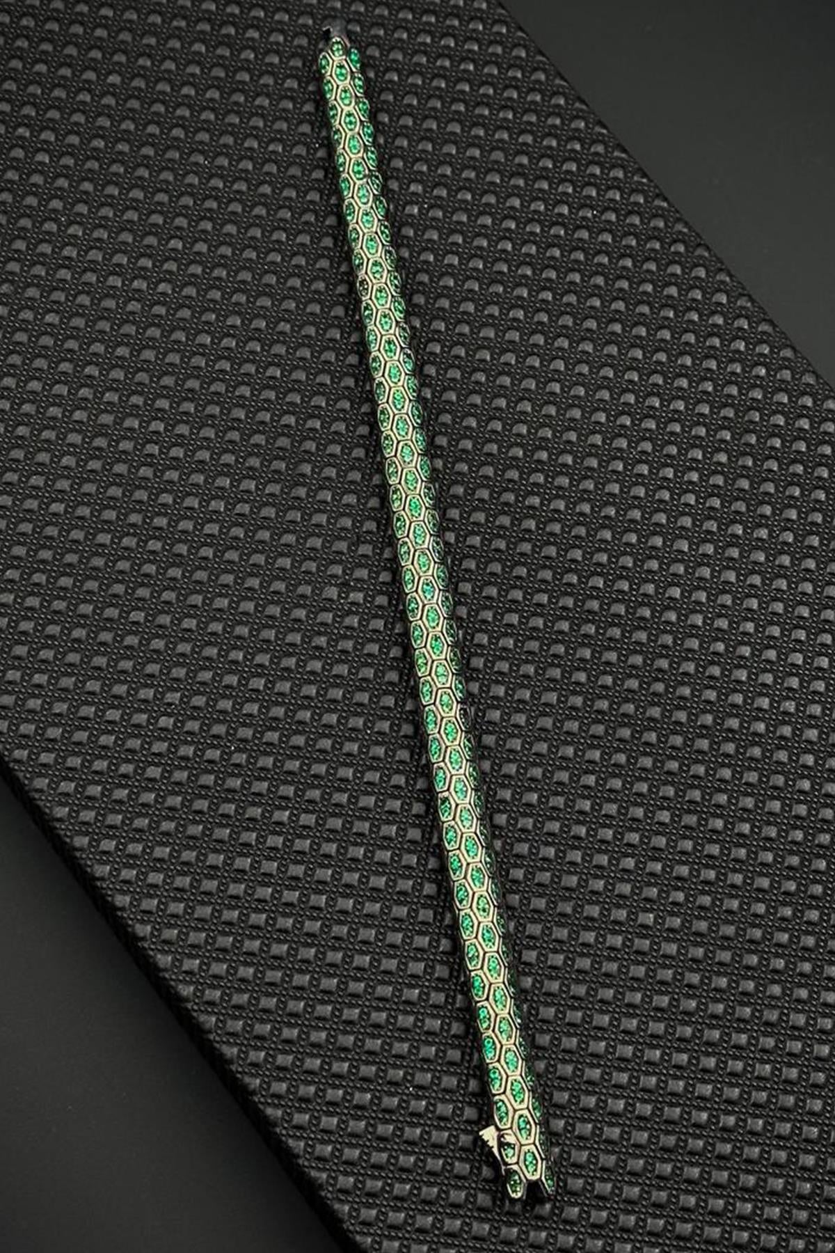 FRNCH 925 Ayar Gümüş Yeşil Zirkon Taşlı Füme Renk Erkek Bileklik FRJ12702-3702-Y