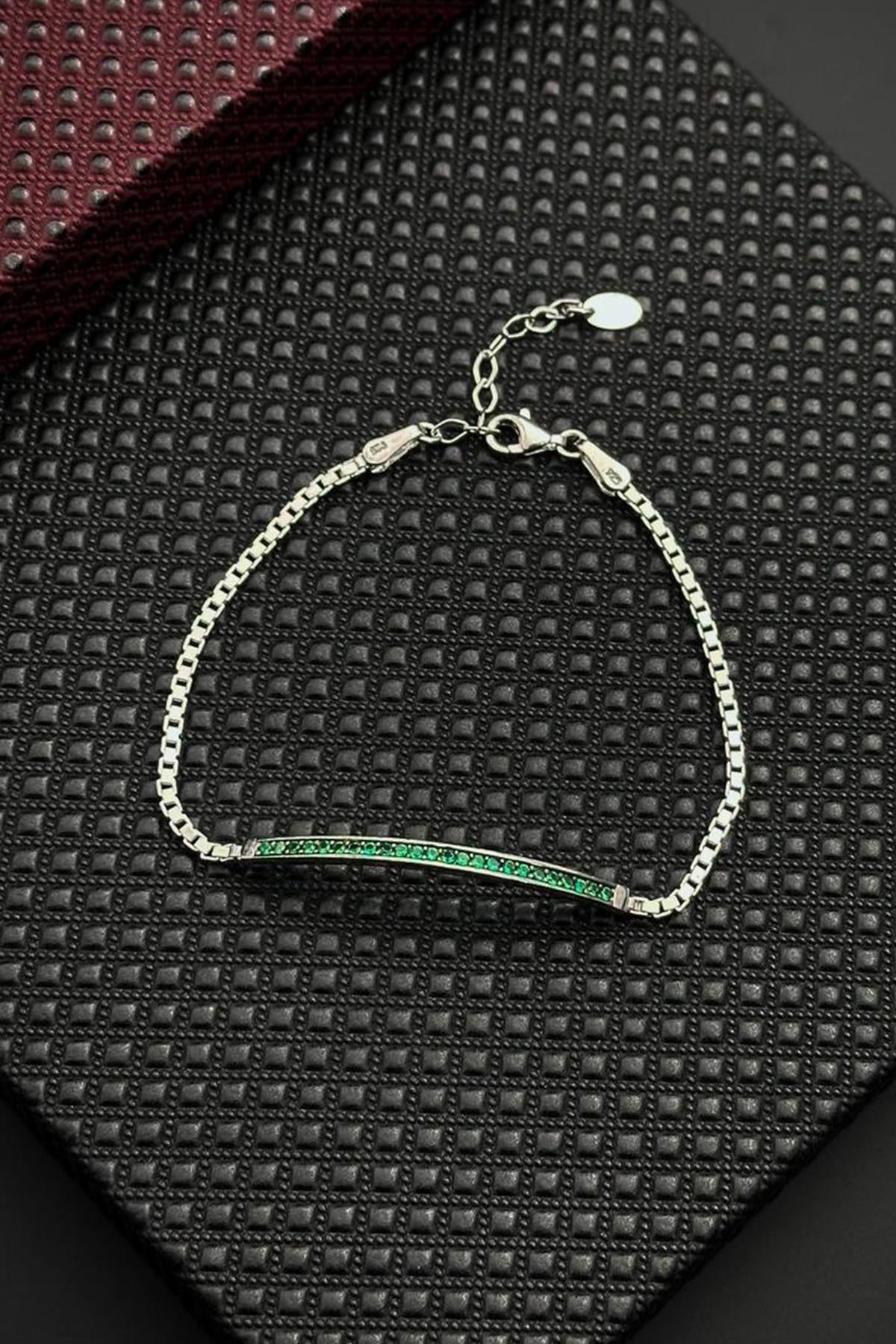 FRNCH 925 Ayar Gümüş Yeşil Zirkon Taşlı Gümüş Renk Erkek Bileklik FRJ12652-3652-Y