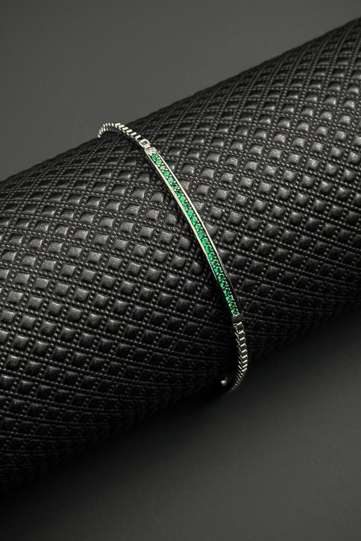 FRNCH 925 Ayar Gümüş Yeşil Zirkon Taşlı Gümüş Renk Erkek Bileklik FRJ12652-3652-Y