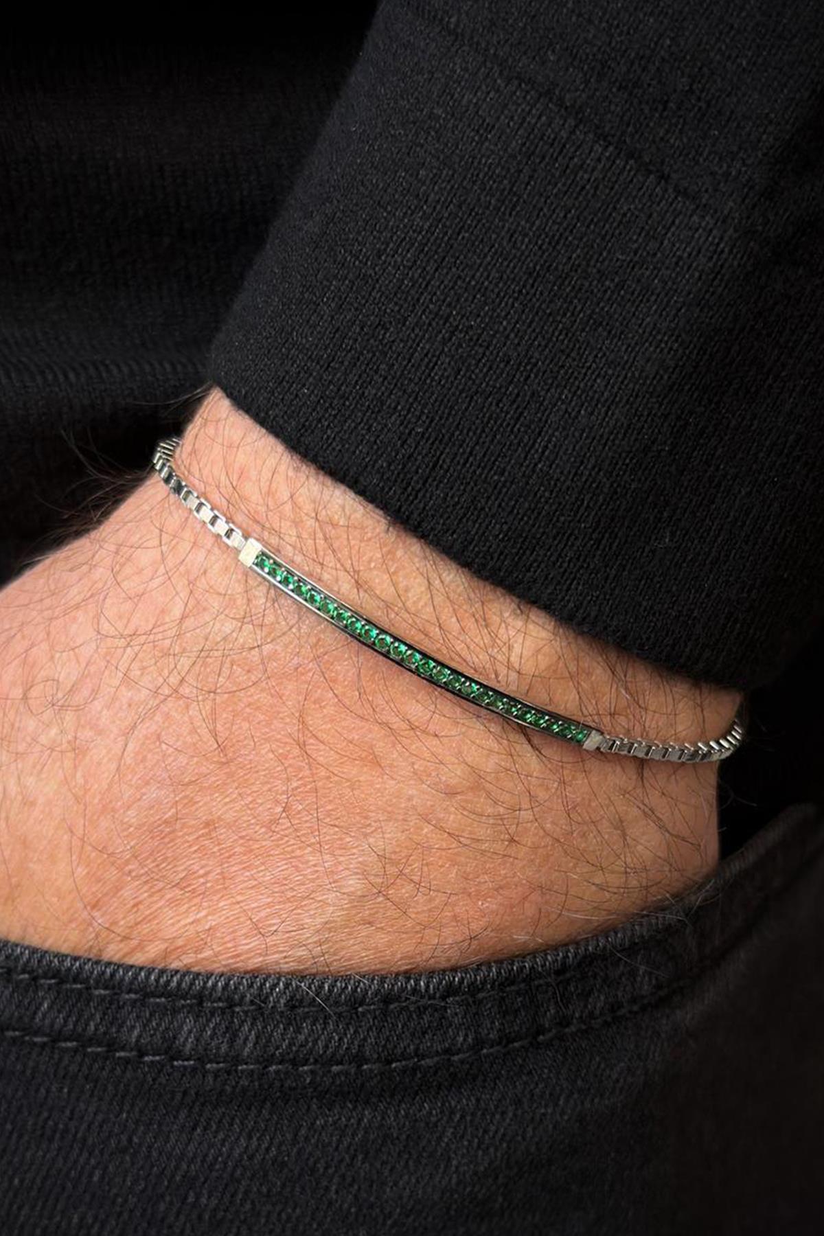 FRNCH 925 Ayar Gümüş Yeşil Zirkon Taşlı Gümüş Renk Erkek Bileklik FRJ12652-3652-Y