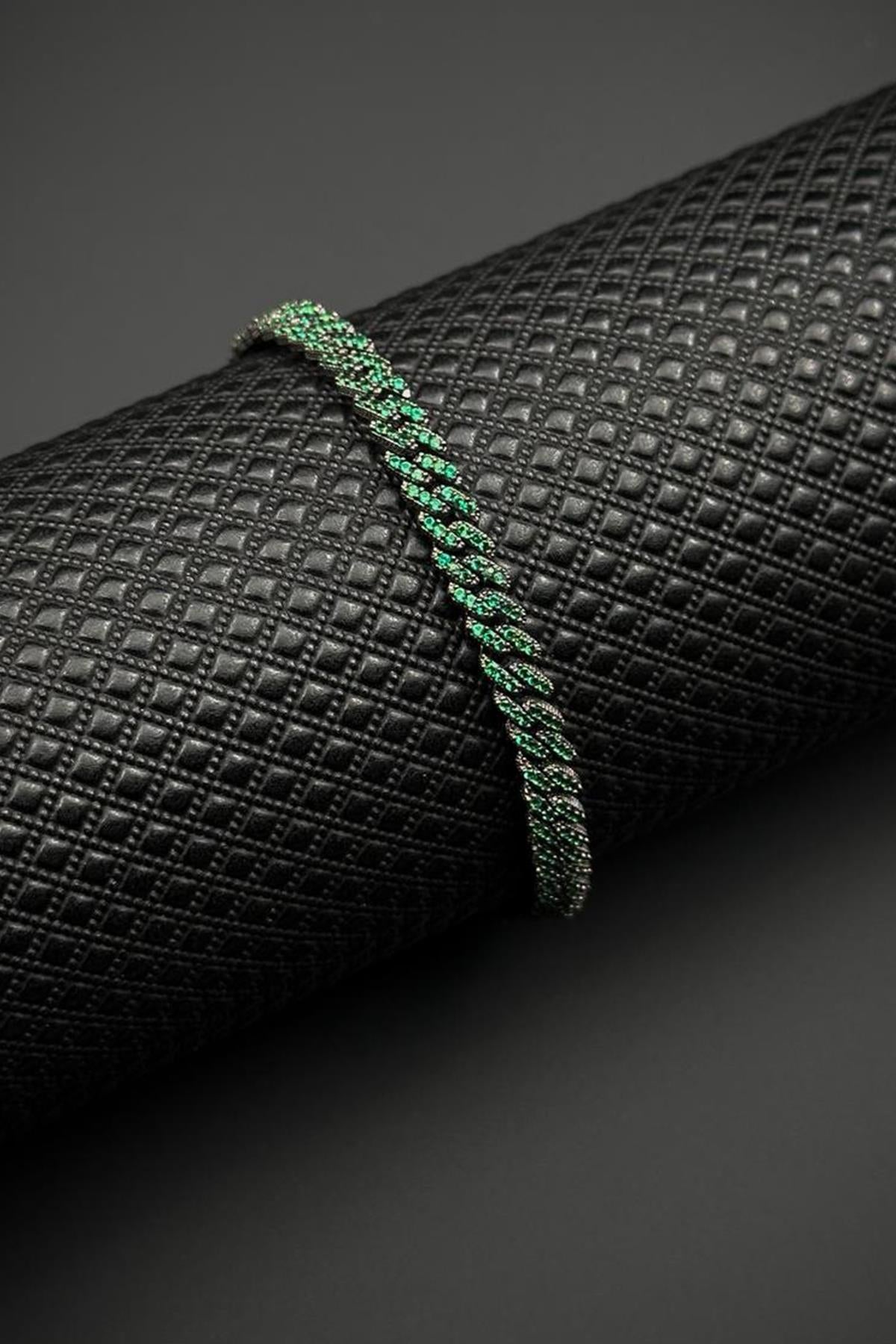 FRNCH 925 Ayar Gümüş Yeşil Zirkon Taşlı Gümüş Renk Erkek Bileklik FRJ12683-3683-Y