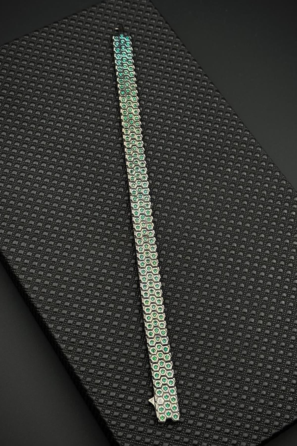 FRNCH 925 Ayar Gümüş Yeşil Zirkon Taşlı Gümüş Renk Erkek Bileklik FRJ12684-3684-Y