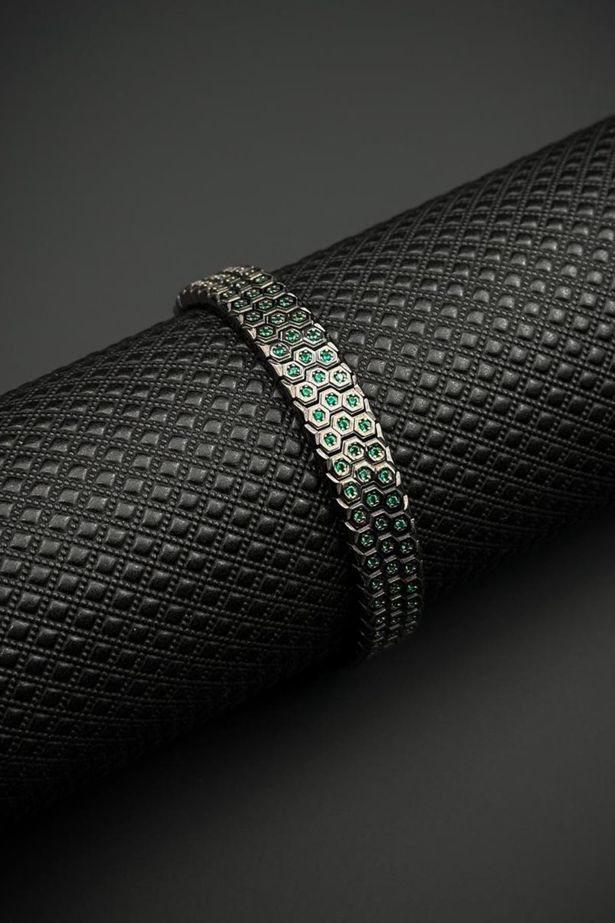 FRNCH 925 Ayar Gümüş Yeşil Zirkon Taşlı Gümüş Renk Erkek Bileklik FRJ12684-3684-Y