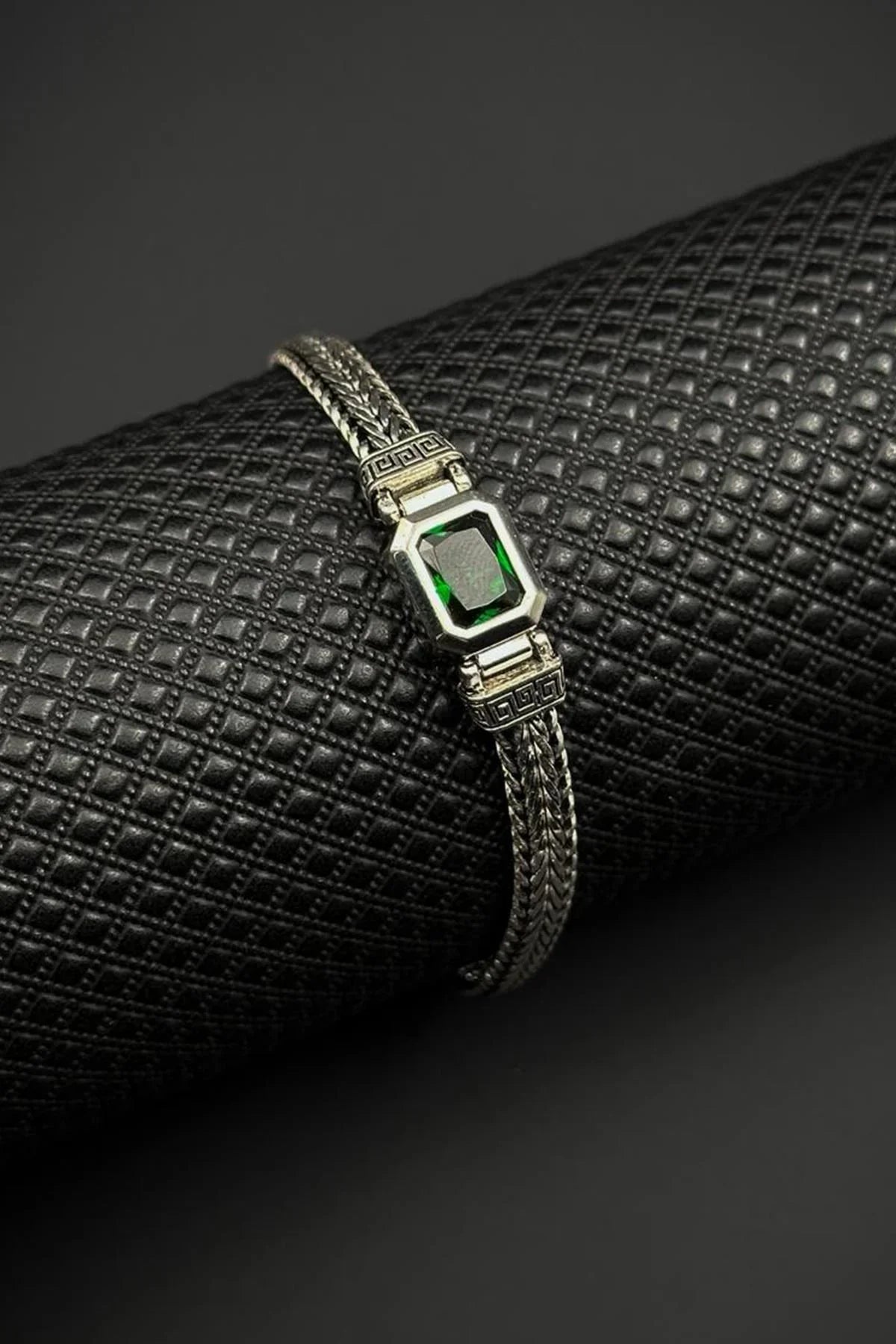 FRNCH 925 Ayar Gümüş Yeşil Zirkon Taşlı Gümüş Renk Erkek Bileklik FRJ12742-3742-Y