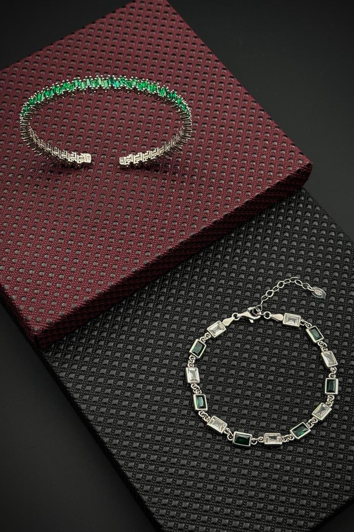 FRNCH 925 Ayar Gümüş Yeşil Zirkon Taşlı Gümüş Renk Erkek Bileklik Set FRJ12696-3696-Y