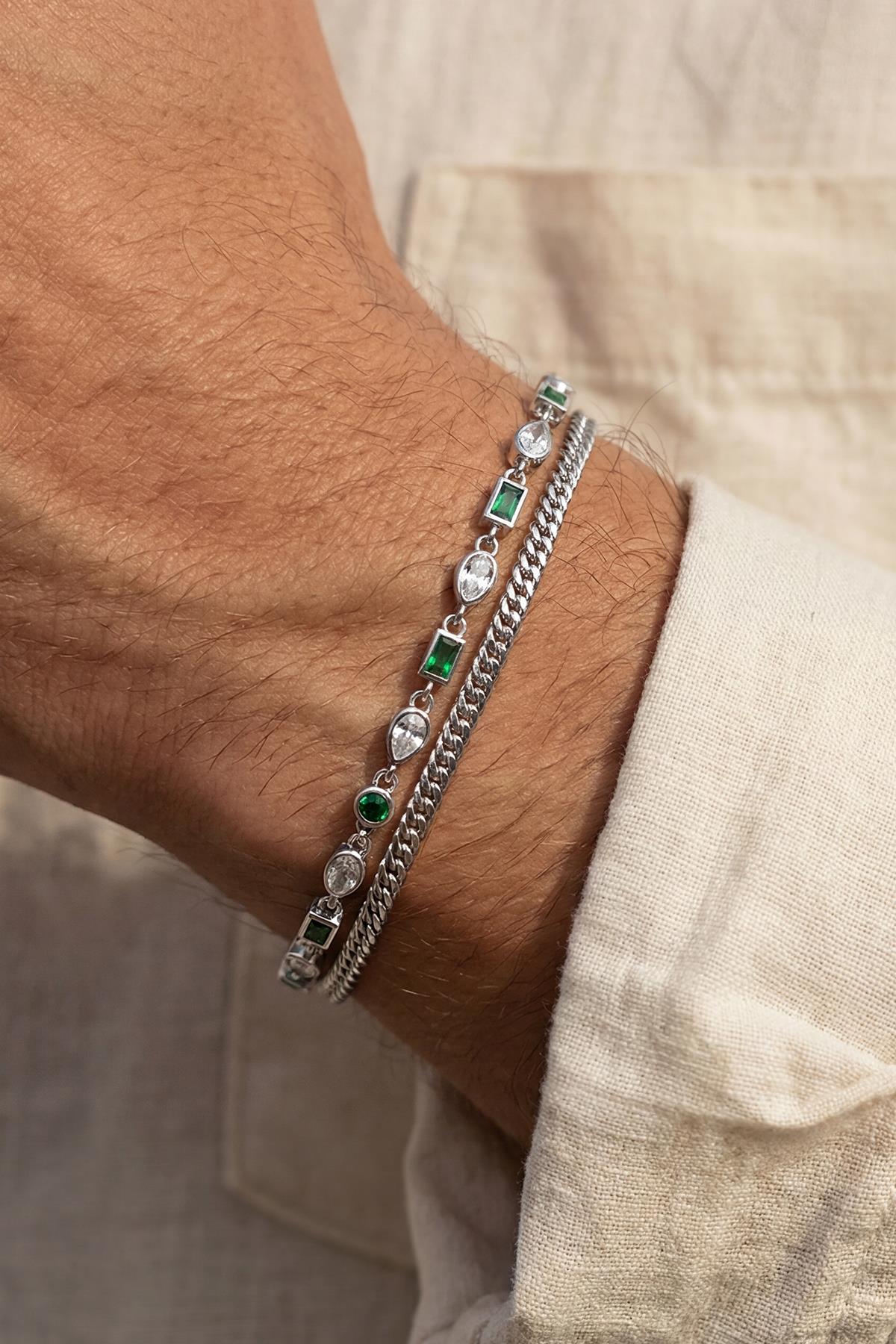 FRNCH 925 Ayar Gümüş Yeşil Zirkon Taşlı Gümüş Renk Erkek Bileklik Set FRJ12906-3906-Y