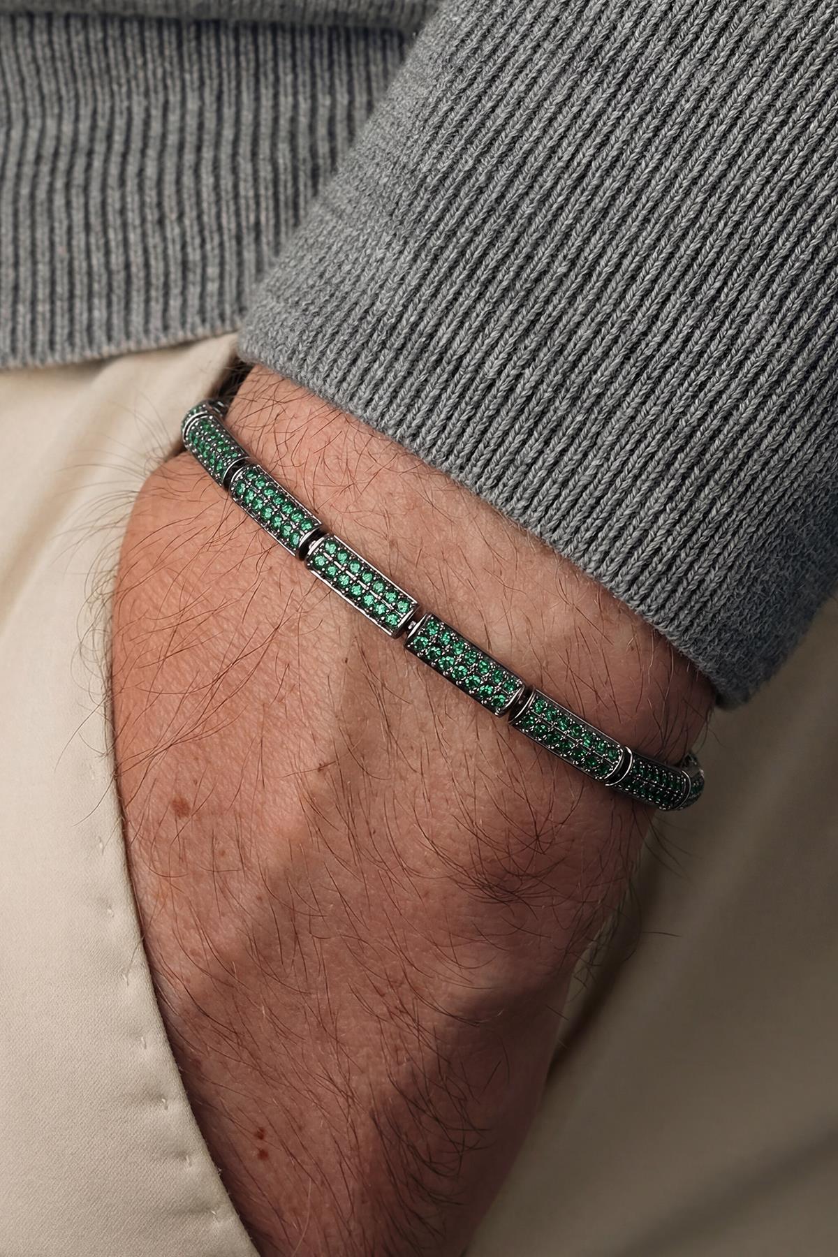 FRNCH 925 Ayar Gümüş Yeşil Zirkon Taşlı Yeşil Renk Erkek Bileklik FRJ12932-3932-YA