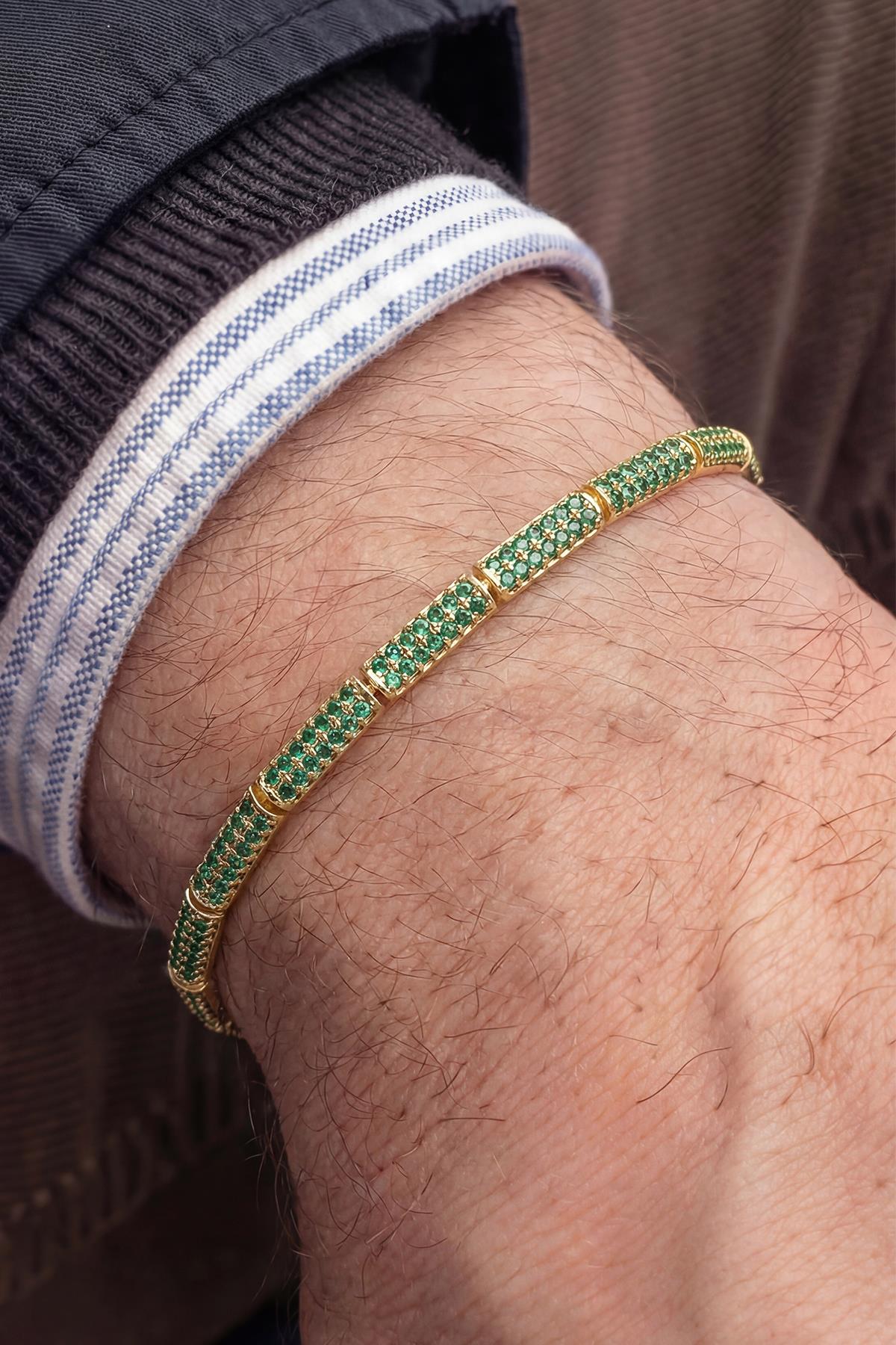 FRNCH 925 Ayar Gümüş Yeşil Zirkon Taşlı Yeşil Renk Erkek Bileklik FRJ12932-3932-YG