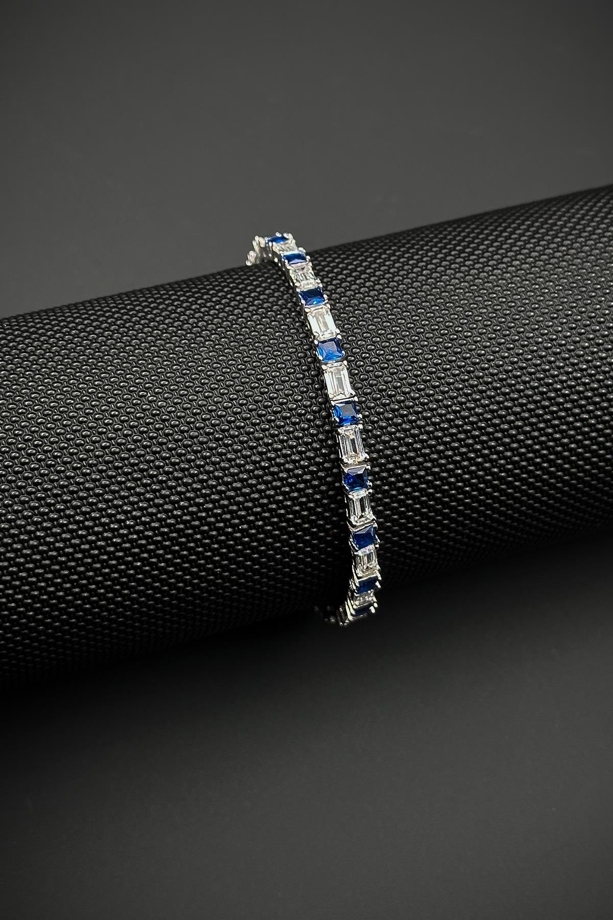 FRNCH 925 Ayar Gümüş Zirkon Taşlı Lacivert-Beyaz Renk Tennis Erkek Bileklik FRJ12157-3157-LA3