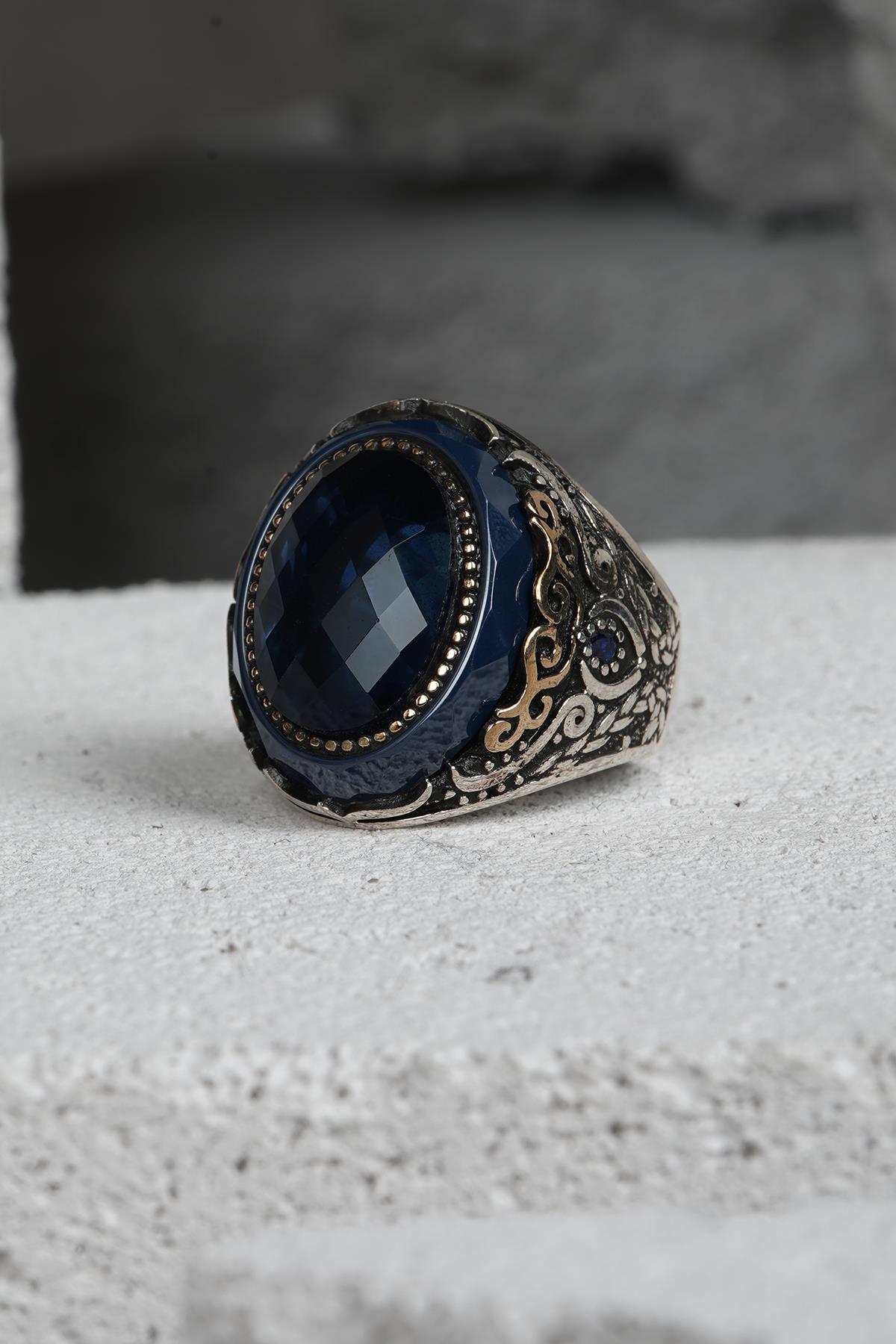 FRNCH 925 Ayar Gümüş Zirkon Taşlı Lacivert Renkli Erkek Yüzük FRJ60093-193-L2